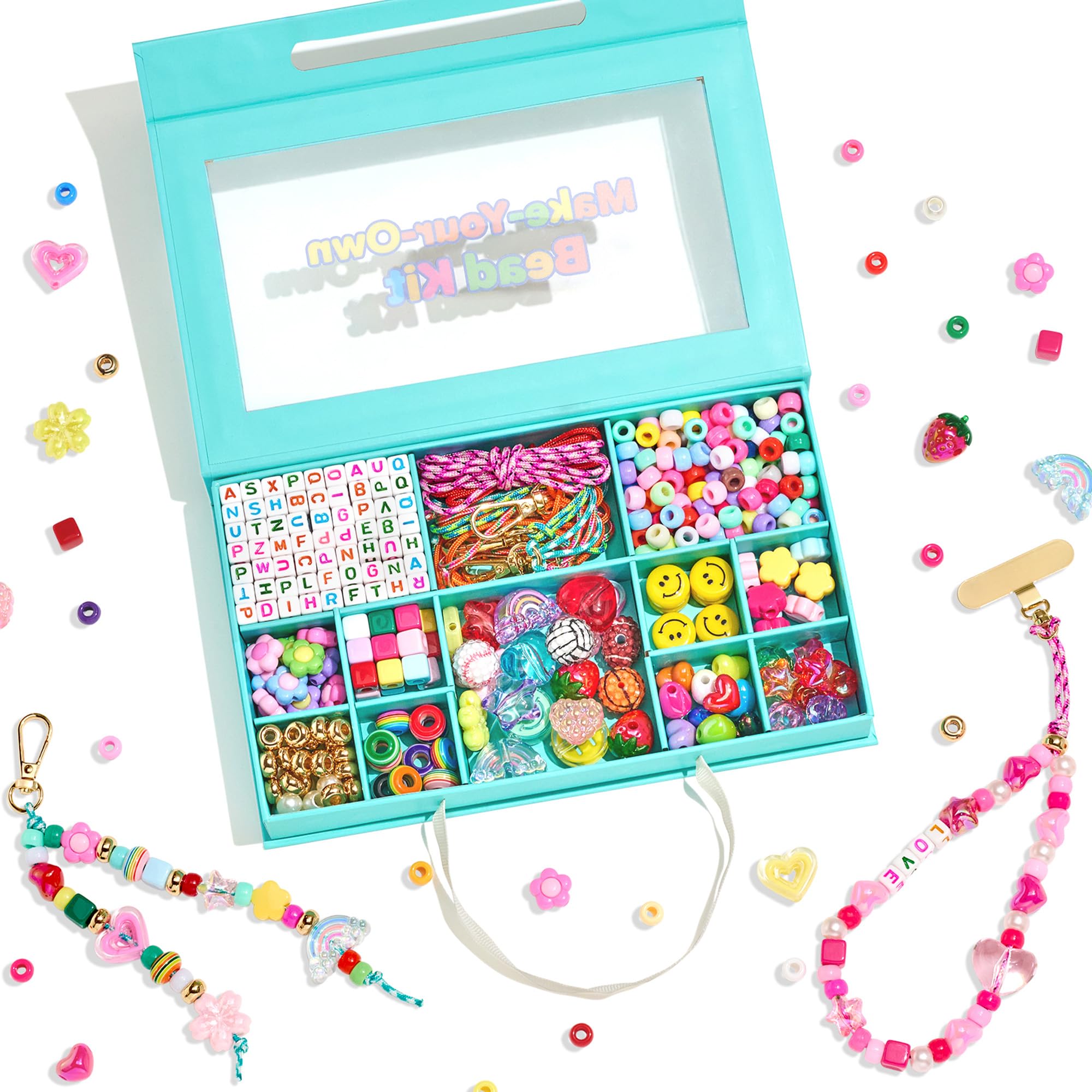 MYCUTEY DIY Keychain ＆ Phone Charm Making Kit with Letter Heart Flower Pony Beads, Craft Supplies for Women Bead Craft Kit to Make Phone Charms Custom Keychains Bracelet &amp; Bag Charm