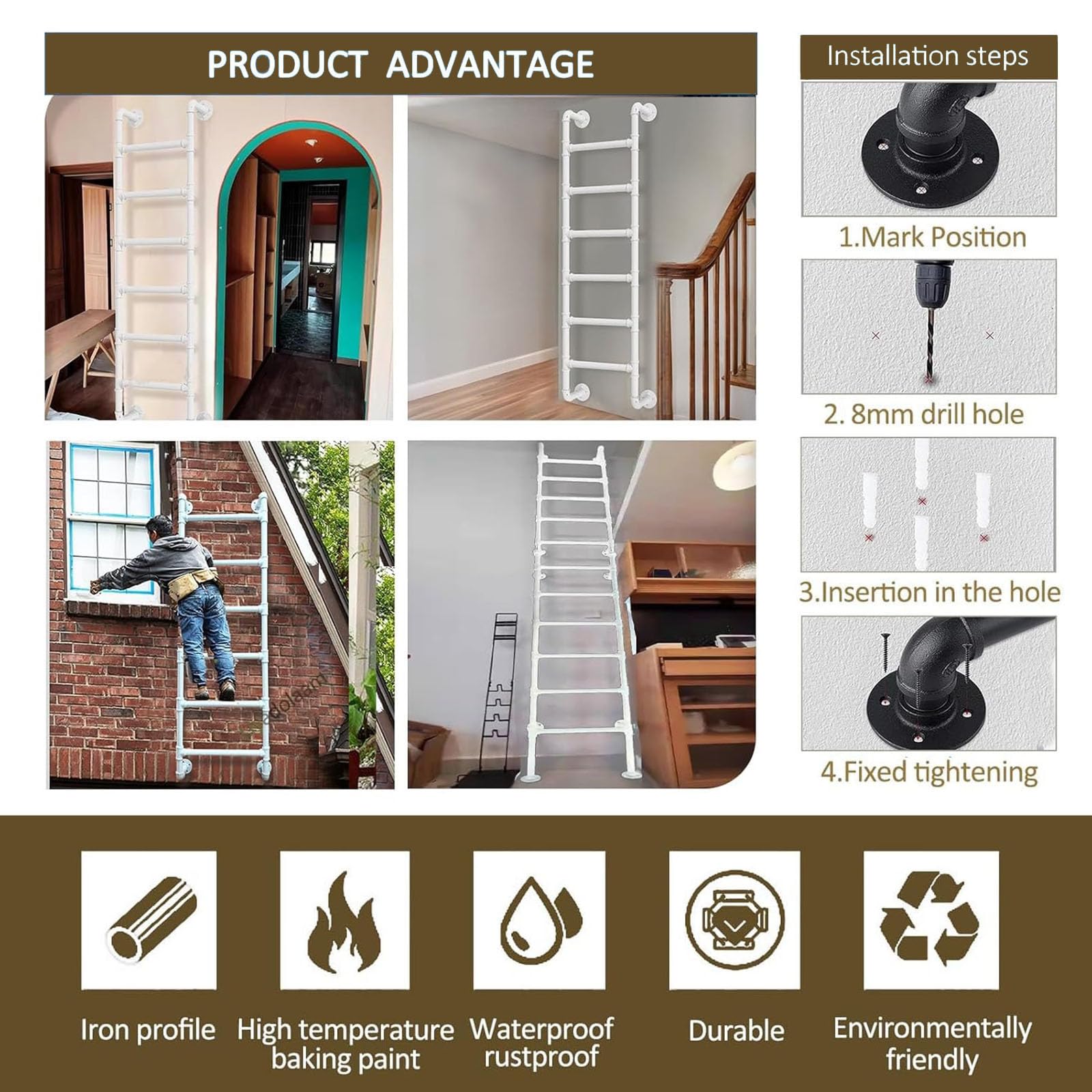 Escalera metálica Antideslizante Blanca de Hierro Forjado para Cama Alta Doble, 100-300 cm, Escalera de Emergencia para Subir a la Pared, para Camas Altas, terrazas, caravanas y Apartamentos