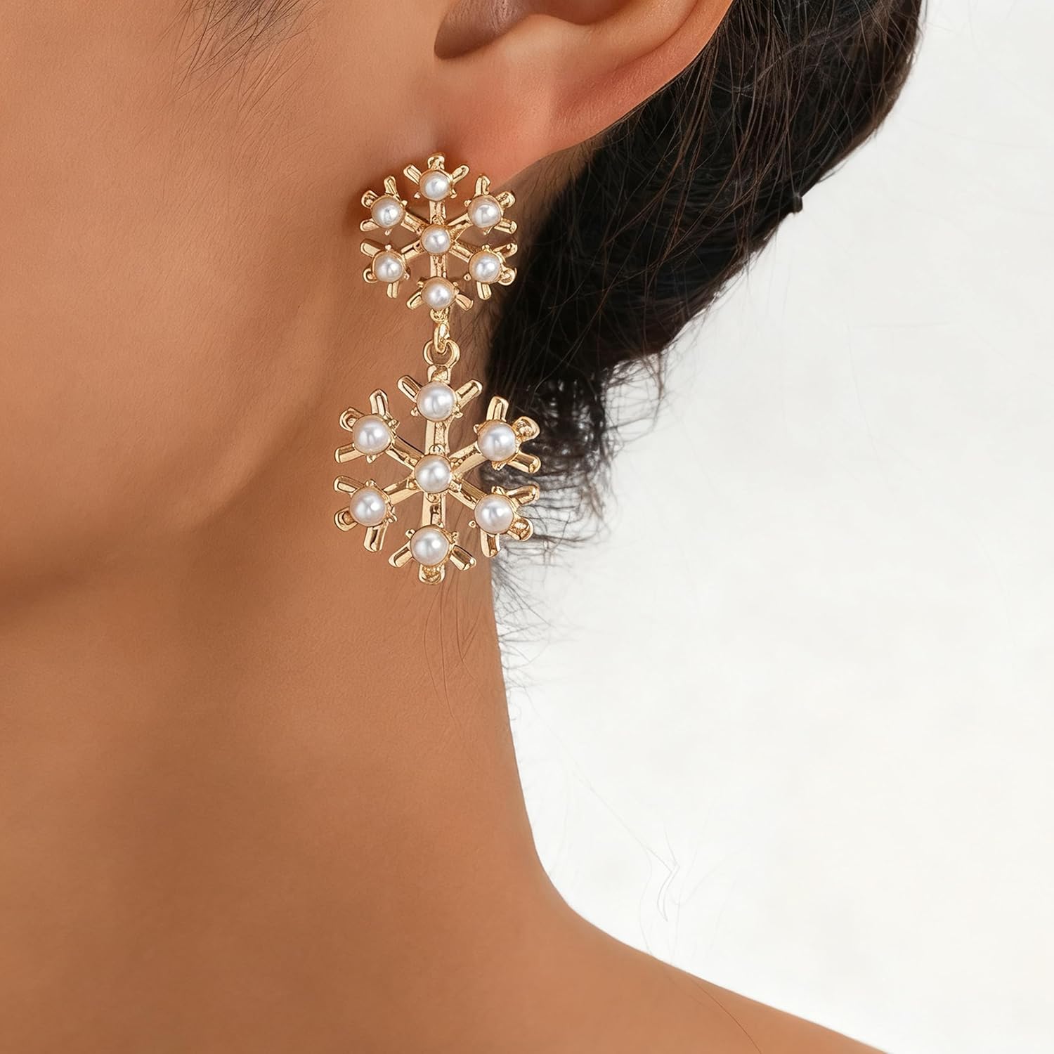 Christmas Snowflake Earrings Snowflake Faux Pearl Dangle Drop Earring Winter Earrings Christmas Holiday Jewelry for Women - Image 3