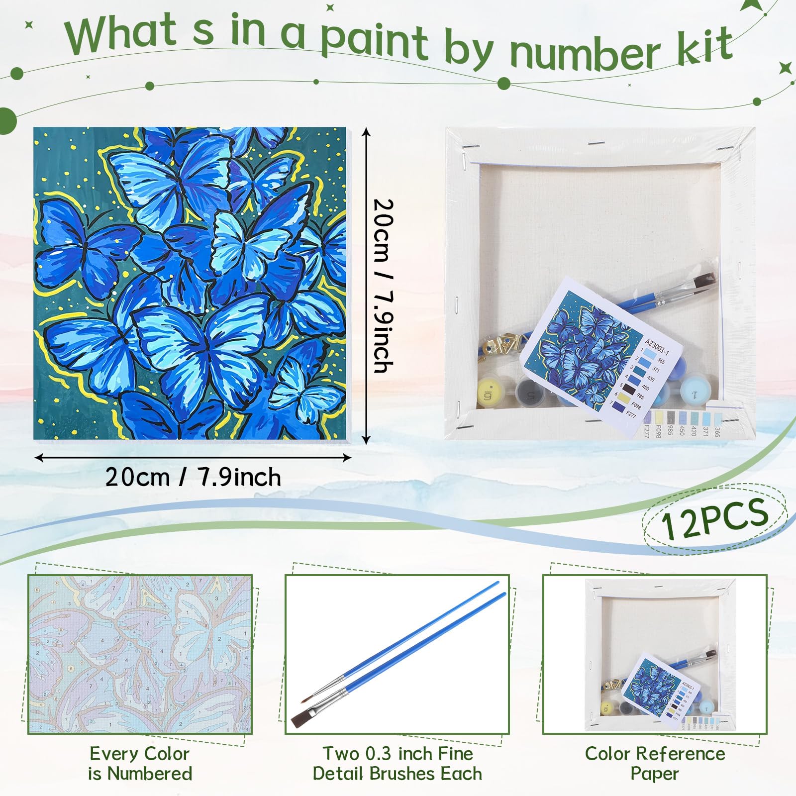 Nezyo 12 set di pittura con numeri, kit con cornice per adulti principianti, pittura acrilica fai da te con numeri, tela per pittura, feste, attività in classe, regalo di compleanno, 20 x 20 cm
