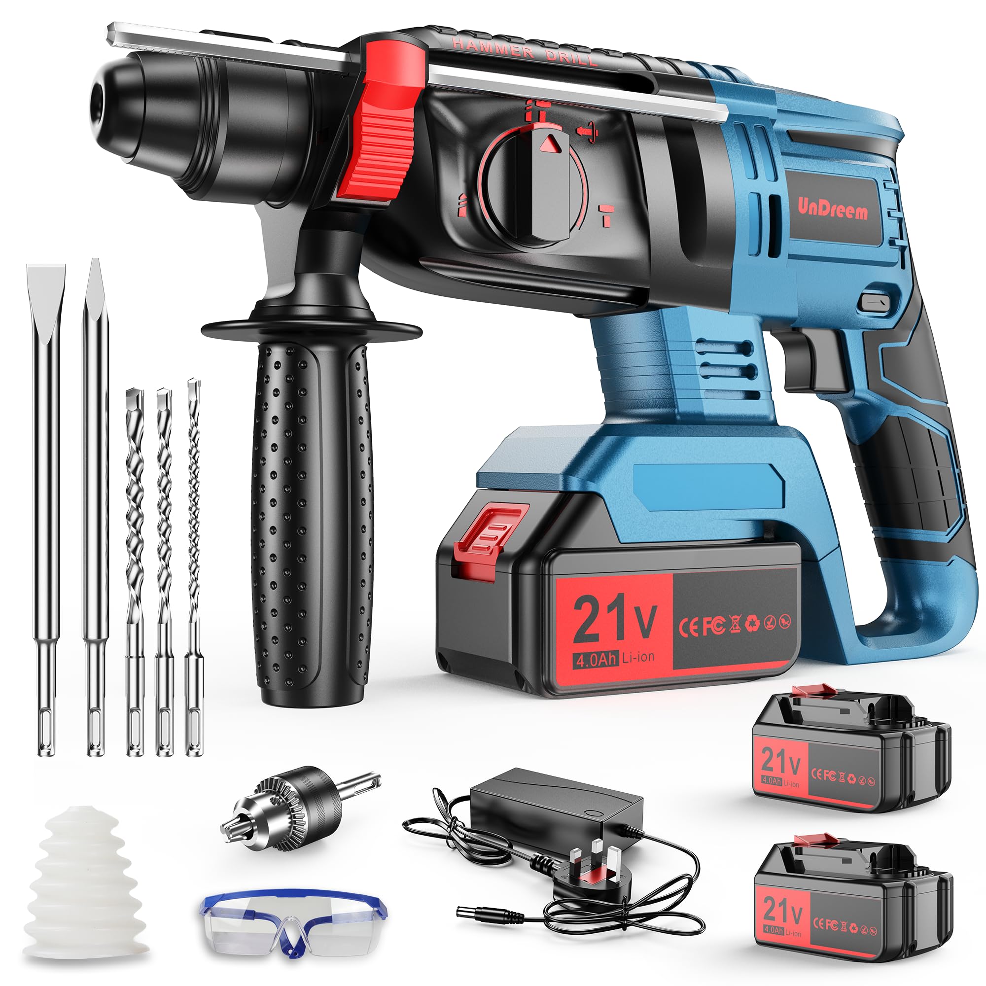 Martillo Perforador a Batería, Martillo Percutor 21V con 2 Baterías de 4000mAh, 4 Funciones en 1, Adaptador SDS Plus (con Portabrocas, Para Martillos Perforadores), 3 Brocas, 2 Cinceles