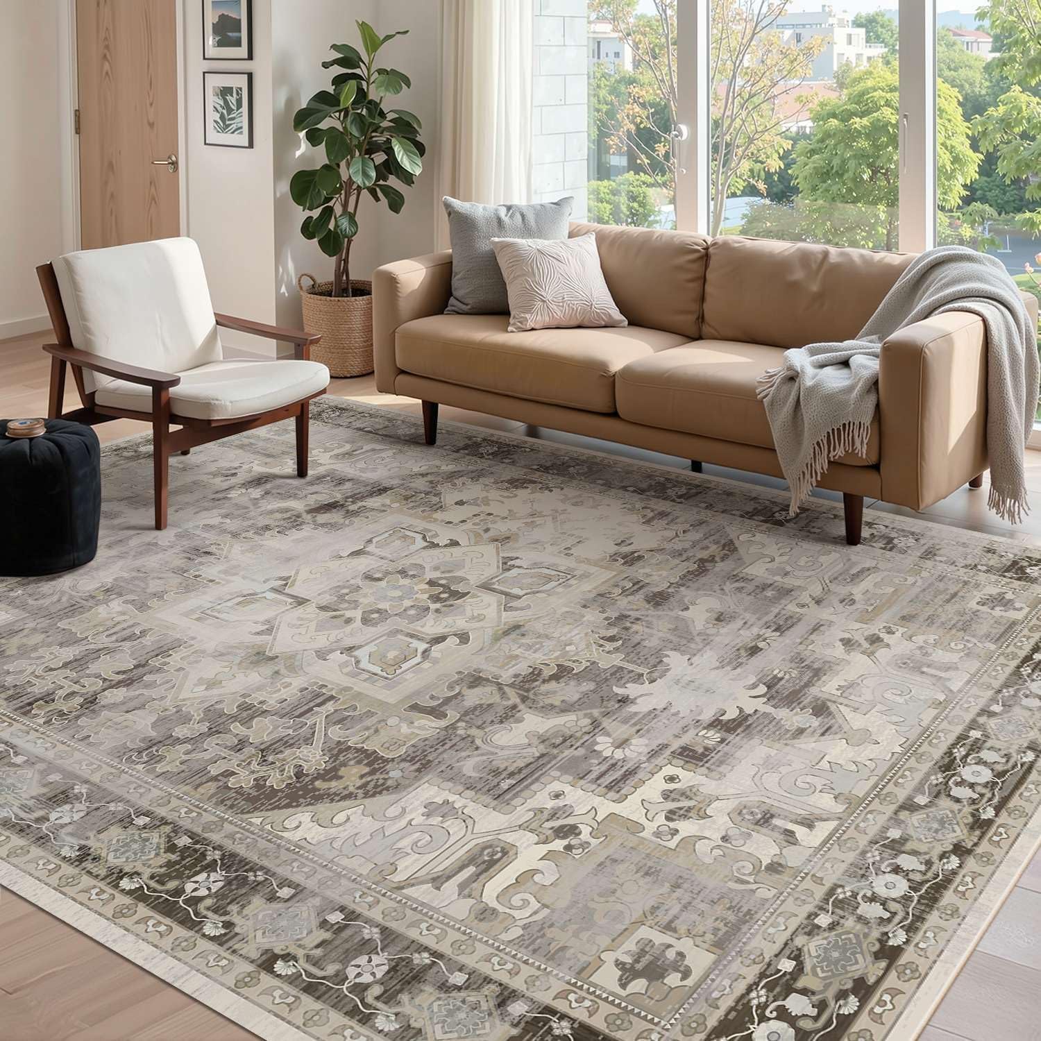 6x9 Brown Washable Area Rug for Living Room, Vintage Large Boho Rugs for Office, Dining Room, Kids Room, Farmhouse, Durable Low Pile Non Slip Carpet for High Traffic Areas, Brown Brown 6' x 9' (Rectangular)