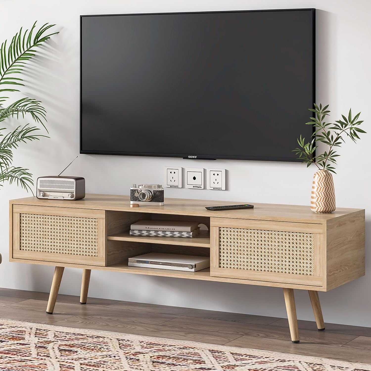IQCNGVX Rattan TV Stand with Storage for 60Inch TV, Boho TV Entertainment Center, TV