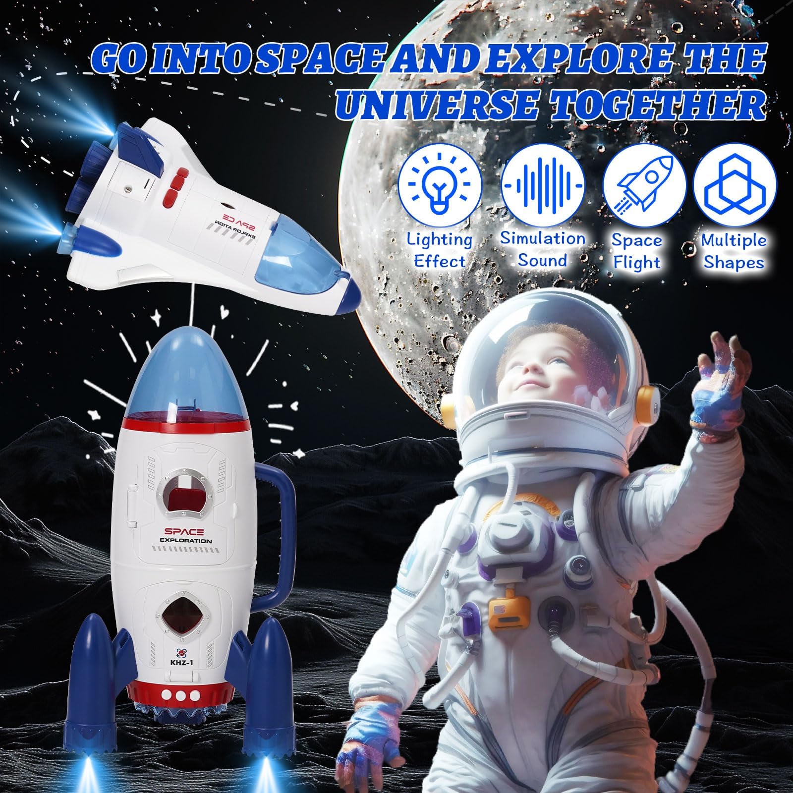 Giocattolo del Razzo Spaziale per Bambini, giocattolo spaziale con effetti di luce e suono, con stazione spaziale, Space Shuttle, Space Rove e astronauti, regalo per bambini
