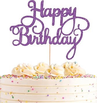 Happy Birthday Cake Topper - Deep Purple Glitter Happy Birthday Cake Bunting Decor - Birthday Party Cake Decoration Supplies, for Photo Booth Props