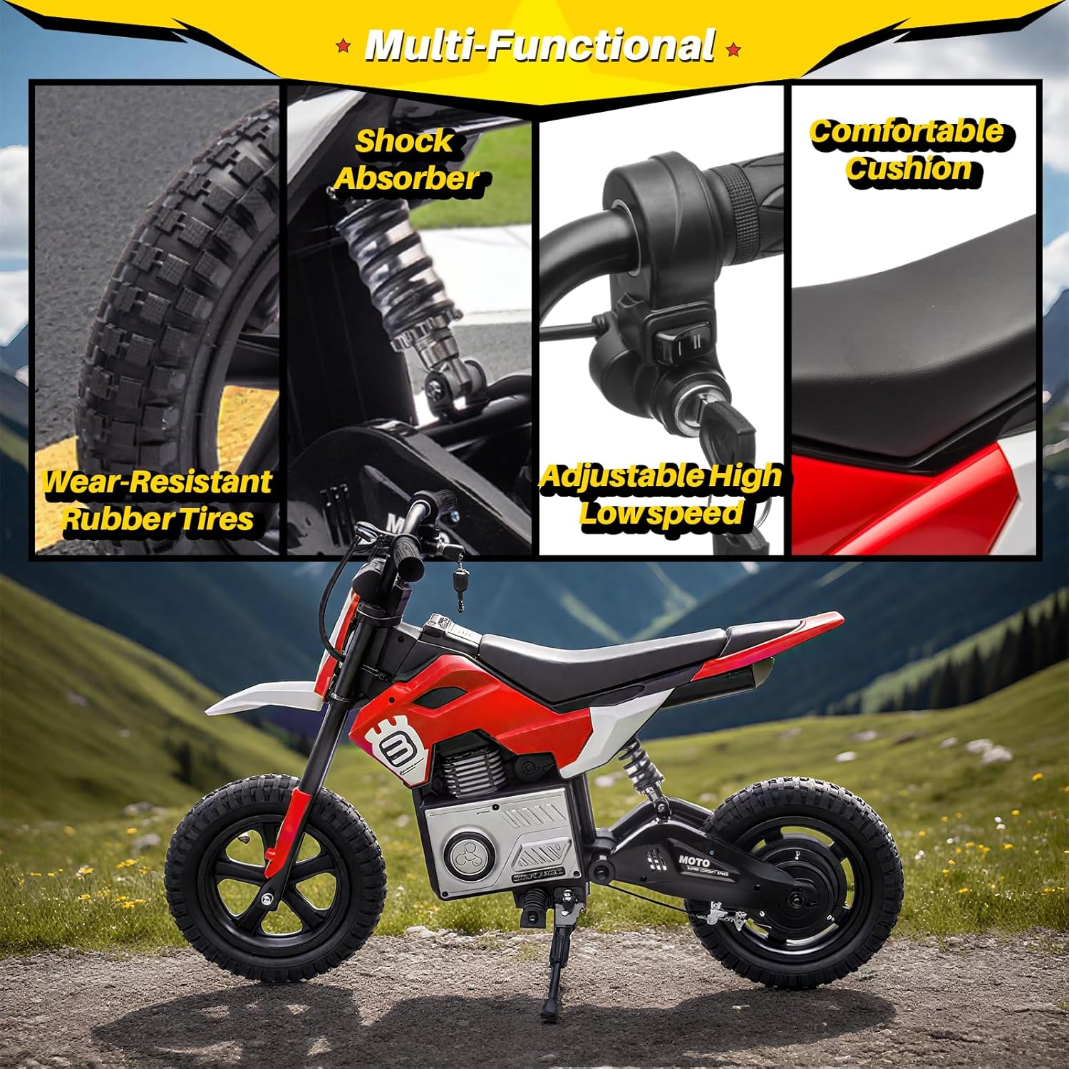 Blitzshark 24V Electric Dirt Bike for Kids，200W Motor Electric Motorcycle Aged 5-12, Electric Motorbike for Kids, Adjustable Speed, LED Breath lamp,Bluetooth,Music,Horn,Speeds 3-9MPH, Red