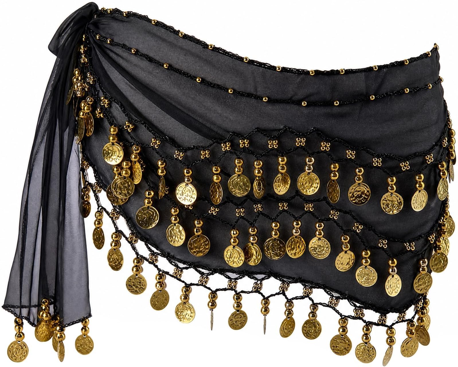 Belly Dance Hip Scarf with 128 Gold Coins, Belly Dancer Belt Scarf Skirt for Women