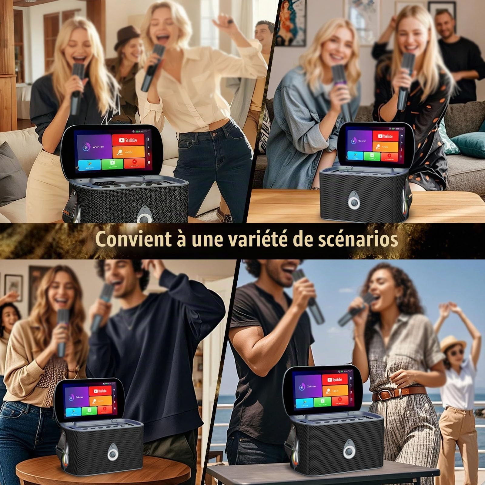 Système Karaoké Karaoké Portable Rechargeable avec écran Et Paroles, Microphones sans Fil, DSP Karaoké, Enceinte Trois Voies, Fête Anniversaire
