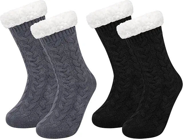 Chaussettes Chausson Femme Chaudes Antidérapantes avec Doublure Polaire - Lot de 2 Paires