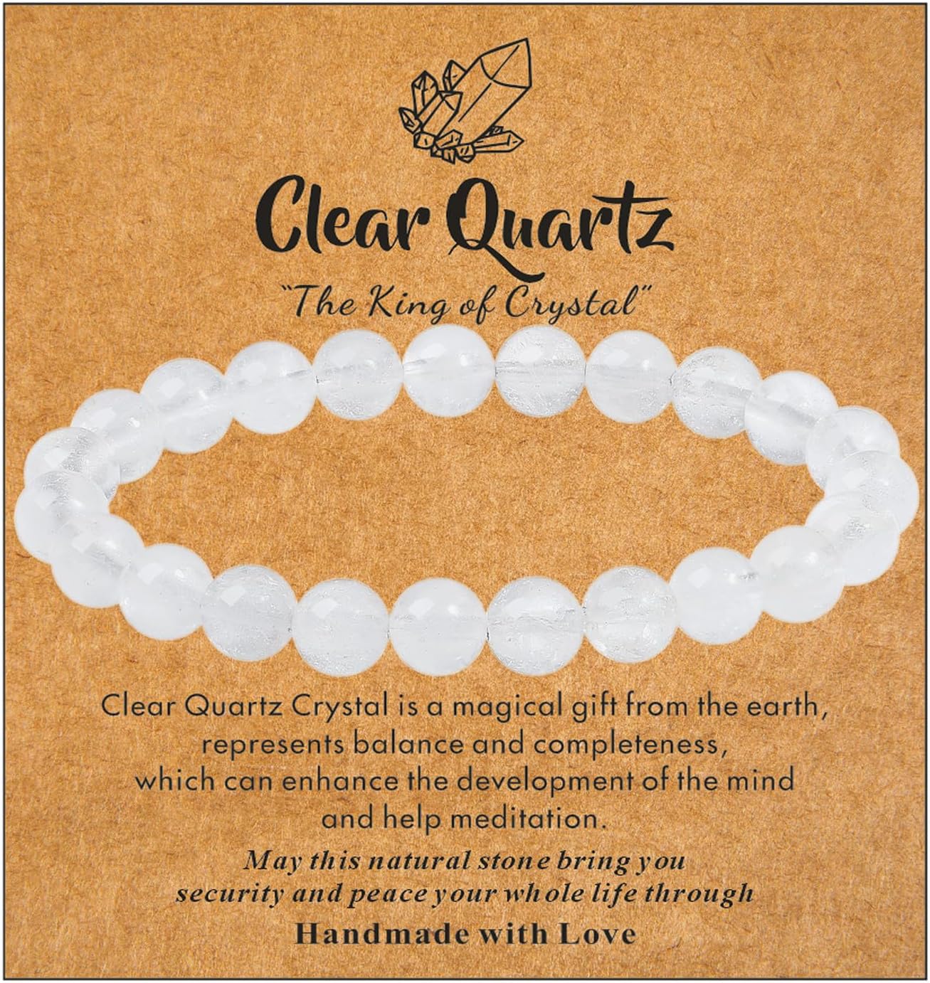 MAIBAOTA Clear Quartz Healing Crystal Bracelet for Women Men - 8mm Stretch Beaded Jewelry, Birthday Gifts with Info Card