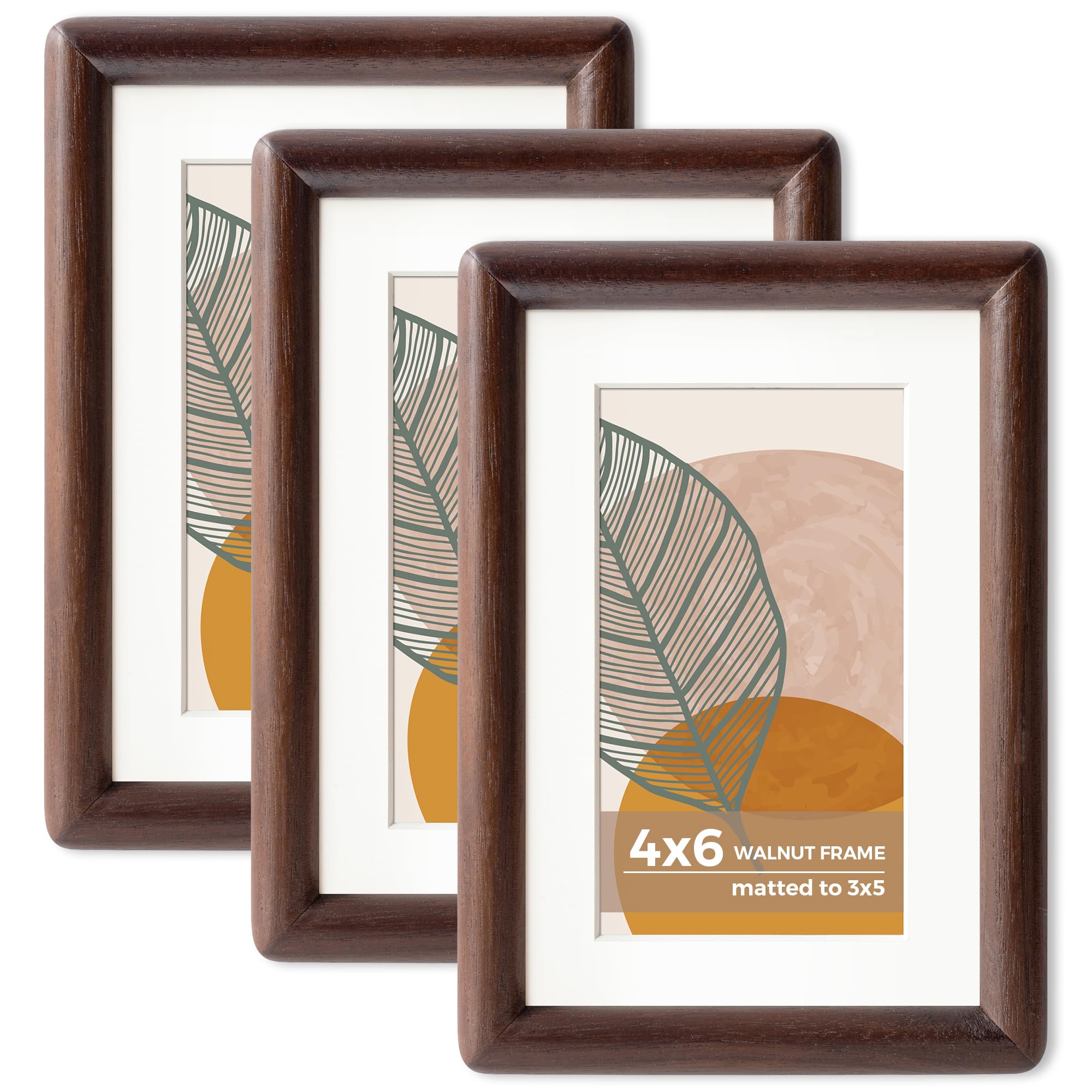 Axeman 4 x 6 Walnut Frame Set of 3 - Rounded Corner 4x6 Picture Frame Matted to 3.5x5 - USA-Sourced Walnut Wood Frame with Tempered Glass for Tabletop or Wall Mount Display — image 1