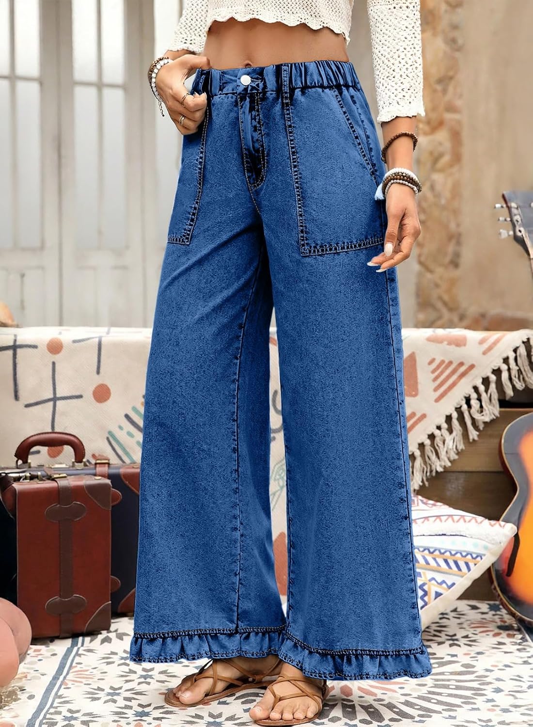 Astylish Wide Leg Jeans for Women Stretch High Wasited Baggy Trendy Denim Jean Ruffle Hem Pants - Image 3