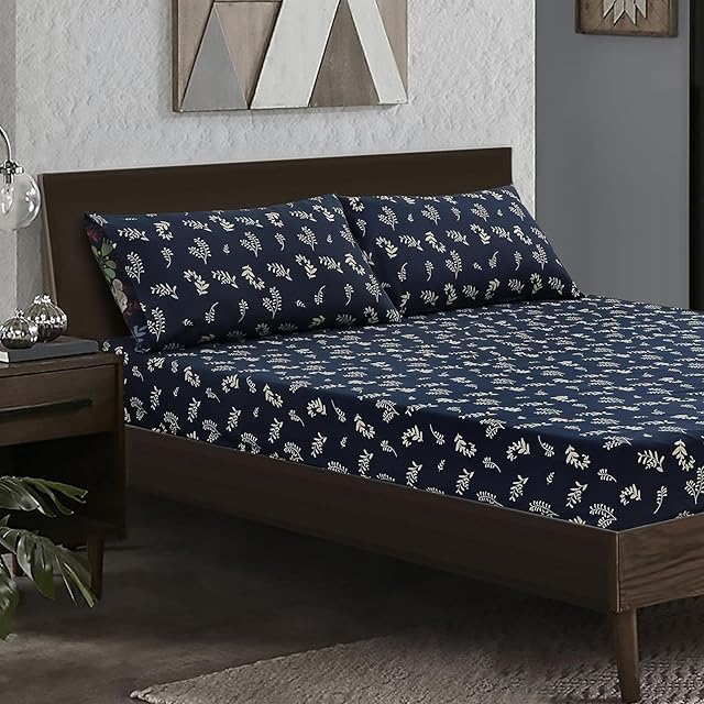 Nimsay Home Leaves Printed Fitted Sheet Set Cotton Blend Fade Resistant Easy Care Elastic Deep Pockets 28cm Bed Sheet with Pillowcases - Double Size (Midnight Blue, 135x190+28cm)