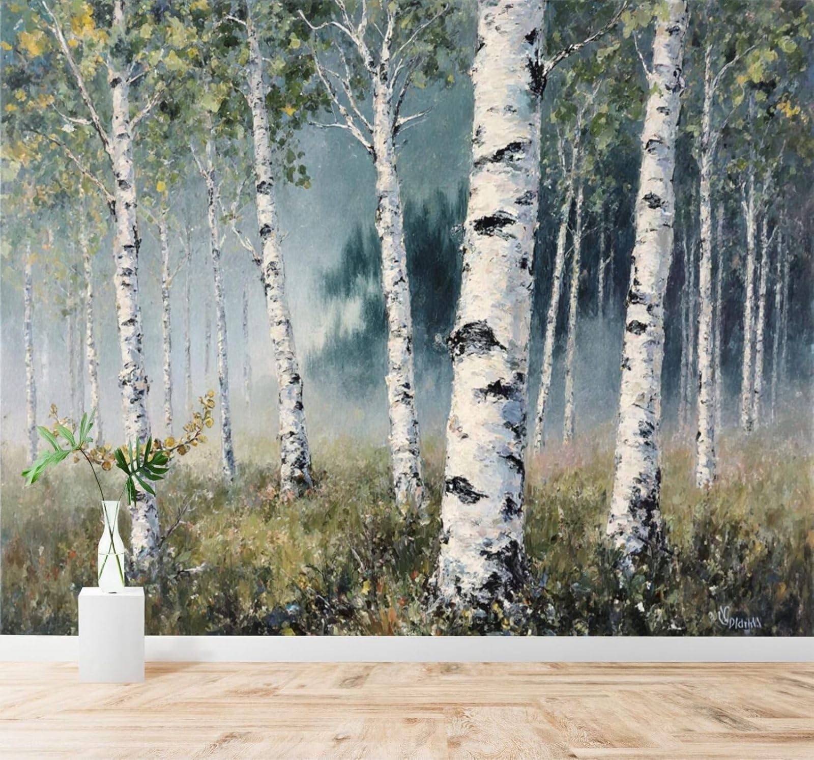 Xlming 150Cm×105Cm(B×H) Hand Painted Watercolour Forest In The Morning Mist Green Leaves Natural Landscape 3D Wallpaper Silky Texture Home Study Office Grey Dining Room Sofa Bedroom Living Room Tv Backdrop-150Cm×105Cm