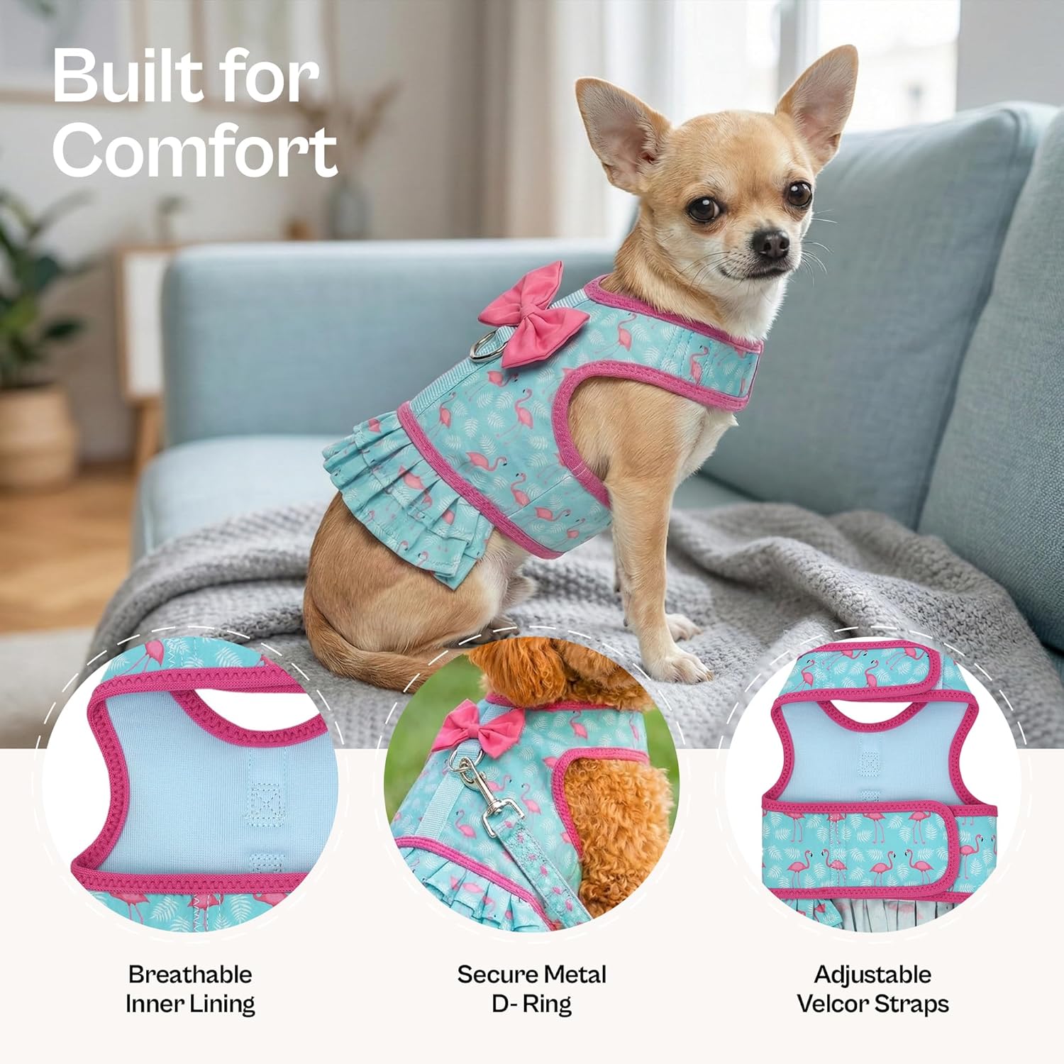 Parisian Pet Flamingo Dog Harness Dress - Breathable No Pull Puppy Dress with Leash Ring - 100% Mesh Fabric Harnesses for Dogs - Soft Padded Step in Pet Vest - All Weather Dog Harness for Large Dogs
