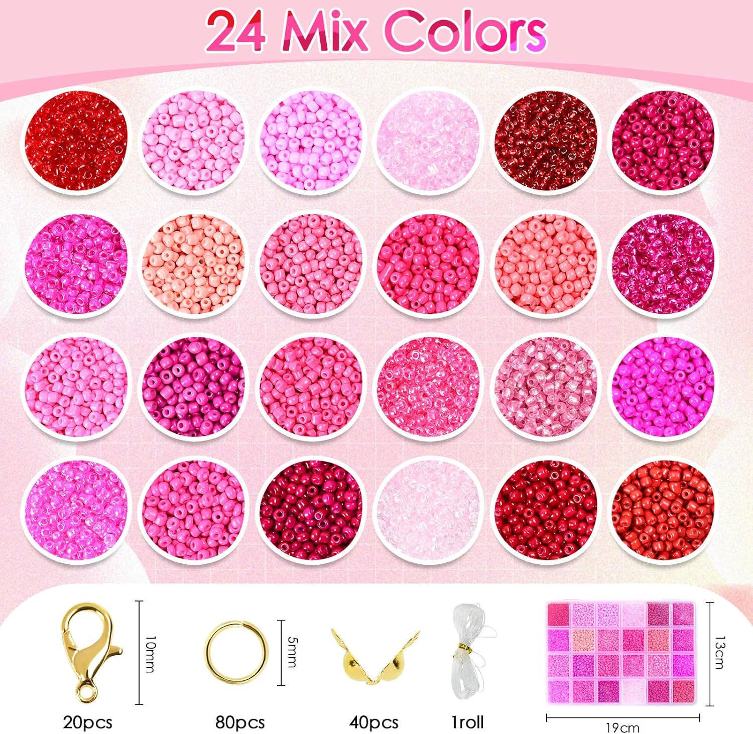 Vtssvow 3mm Glass Seed Beads for Bracelets Making, 24 Colors 10000pcs Friendship Bracelet Making Kit, Small Glass Beads for Jewelry Making (Mix 24 Color, Red and Pink) - Image 2