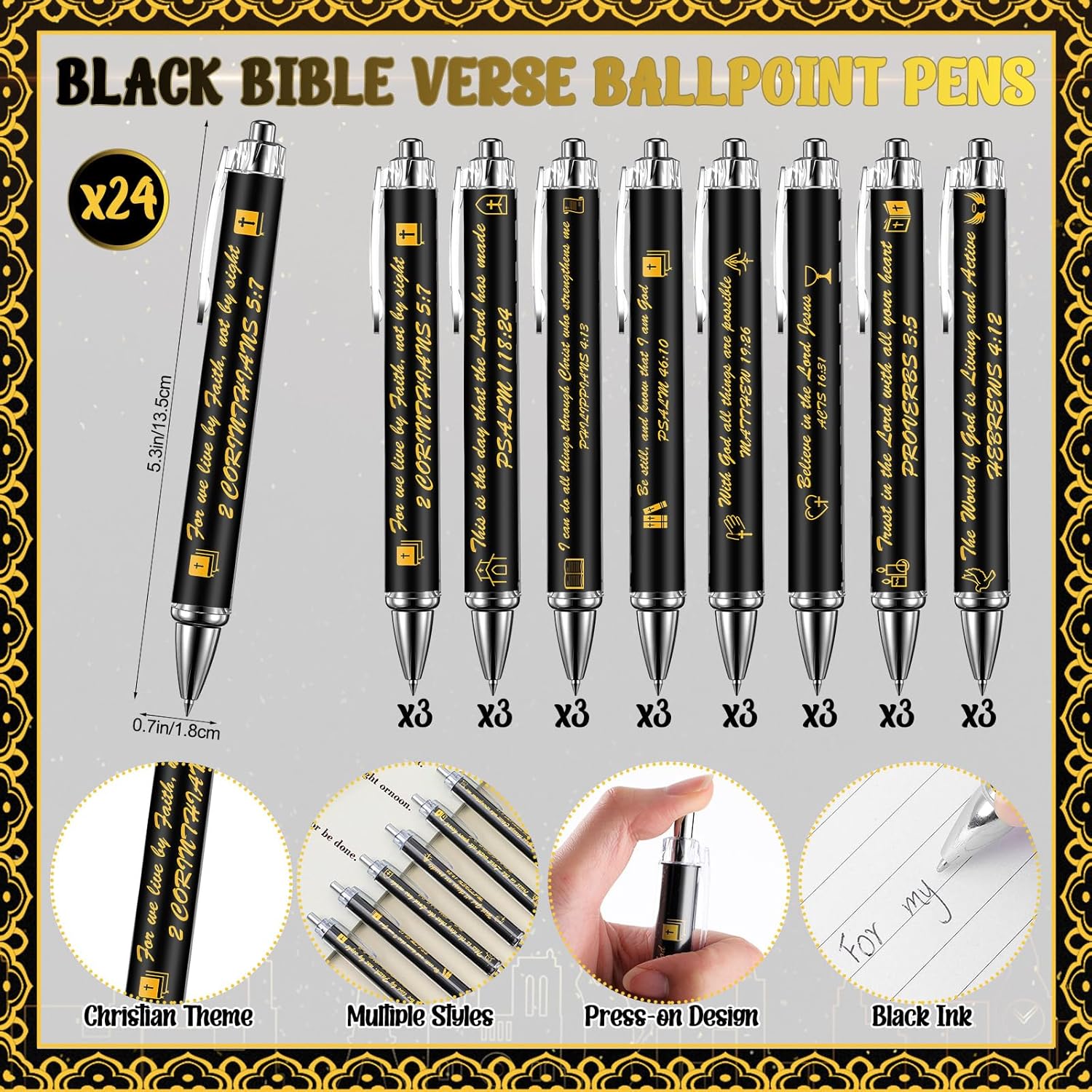 24 Sets Christian Notepads Bible Pens Sets Bulk - Classroom Office Church Religious Gifts - Spiral Thickened Bible Verse Notepad Pens for School Teacher Coworker (Gold Foiling Black)