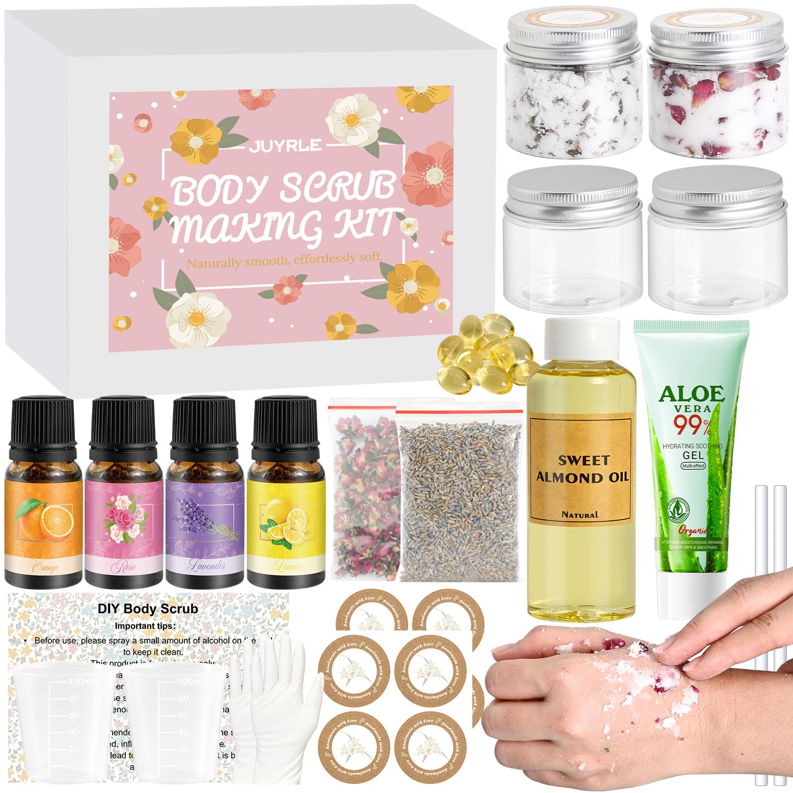 JUYRLE Body Scrub Making Kit- Make Your Own Salt Body Scrub with Almond Oil, Essential Oils, Moisturizing and Exfoliating Dry Skin Hand Foot DIY