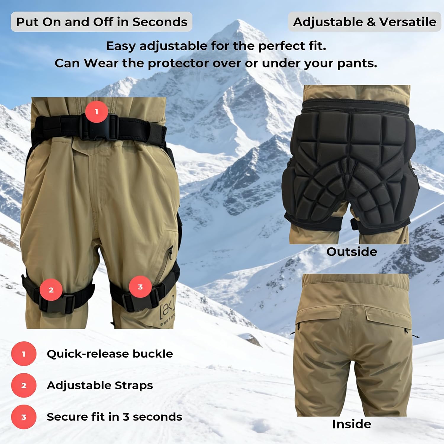 3D Hip Butt Protection with EVA Pads, Easy to Wear & Adjustable| Protective Gear for Snowboarding Skating Fishing, Daily Use