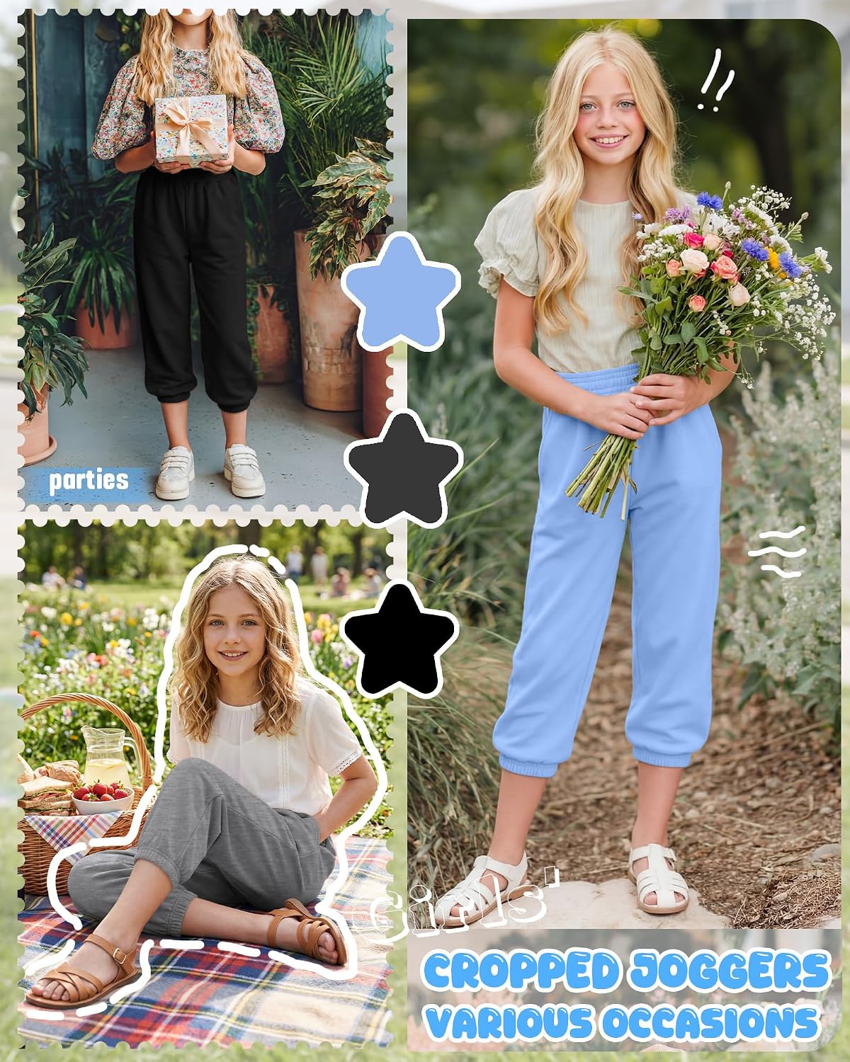 3 Pcs Girls' Capris Sweatpants 5-14Y Kids Cropped Elastic Waist Joggers with Pockets Teens Summer Casual Cute Pants