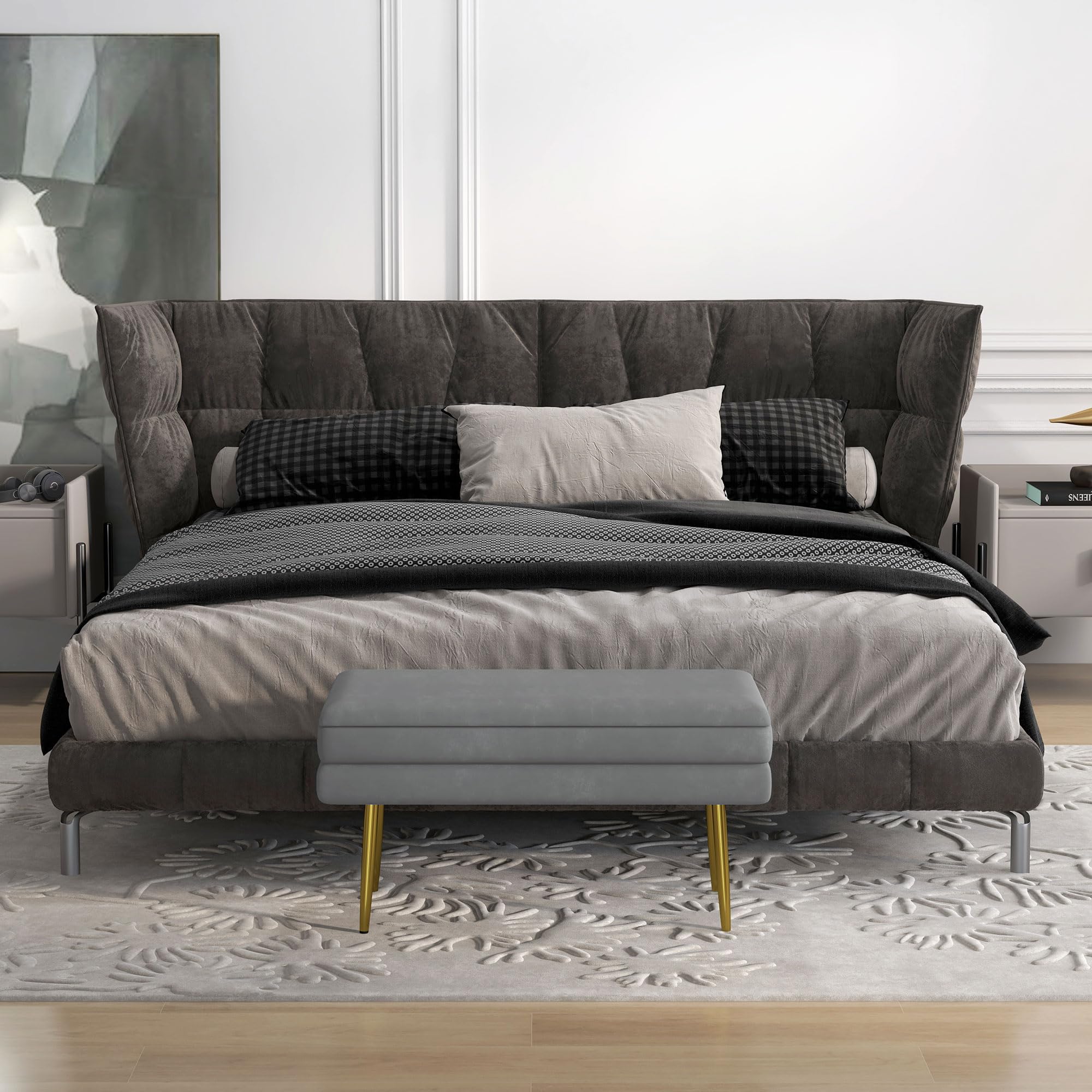 HOMCOM Sitzbank Polsterbank mit Stauraum Samtoptik 79,5x37,5x43cm Grau | Bettbank mit Stahlbeine, Schuhbank, Aufbewahrungsbank für Wohnzimmer, Schlafzimmer