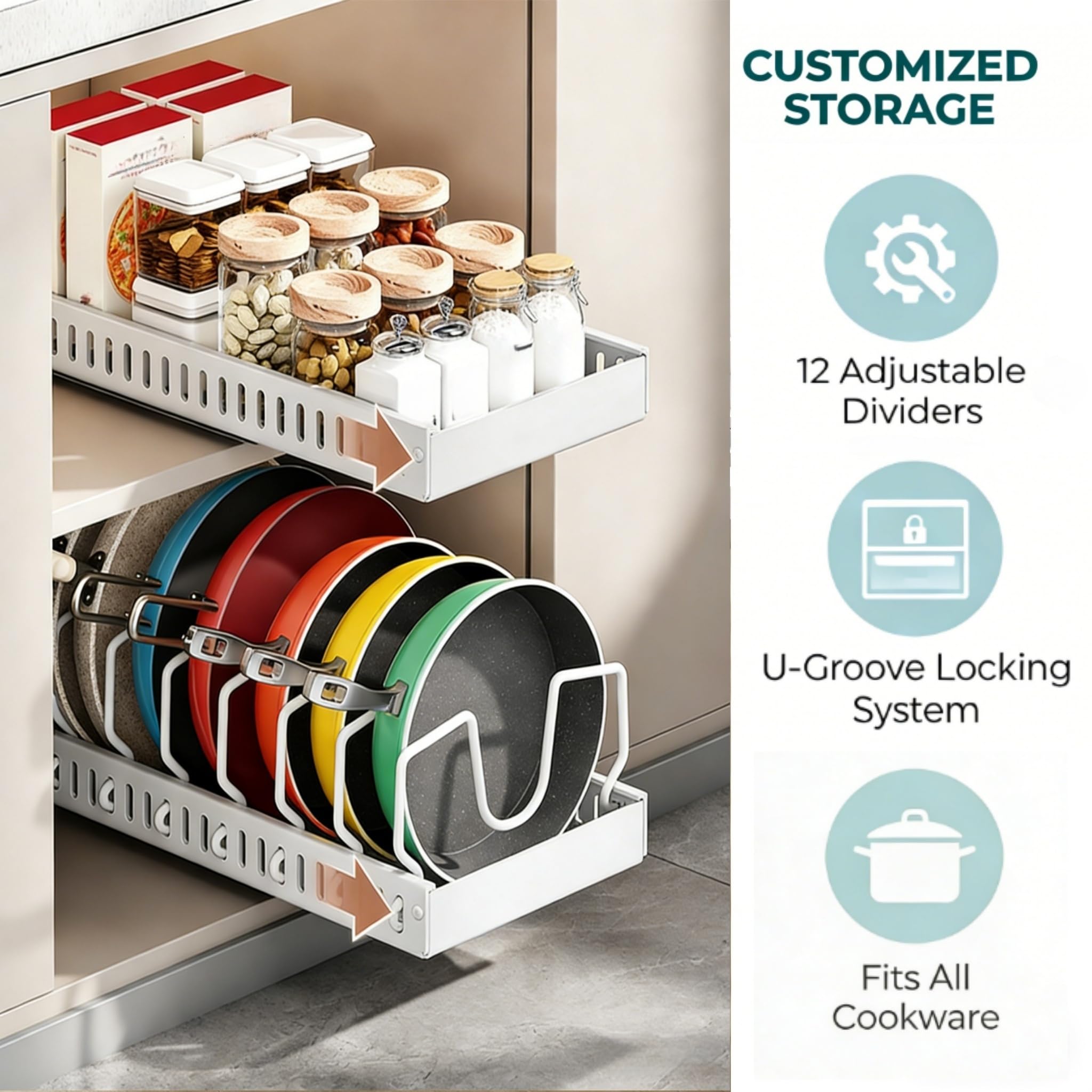 Porta Coperchi Pentole Scorrevole Portapentole per Cassetto con 12 Divisori Regolabili Organizer per Pentola e Padelle Porta Coperchi Pentole Salvaspazio per Padelle e Coperchi, Bianco