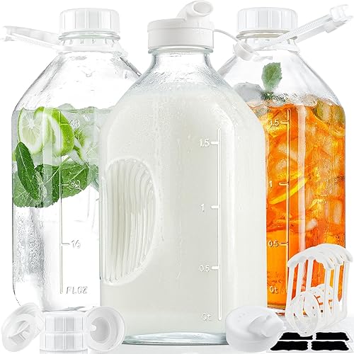 Miniatura 10 de Syntic - Botella de leche de vidrio resistente de 2 cuartos con tapa hermética reutilizable fuerte y hermética, botellas de vidrio de 64 onzas con 8
