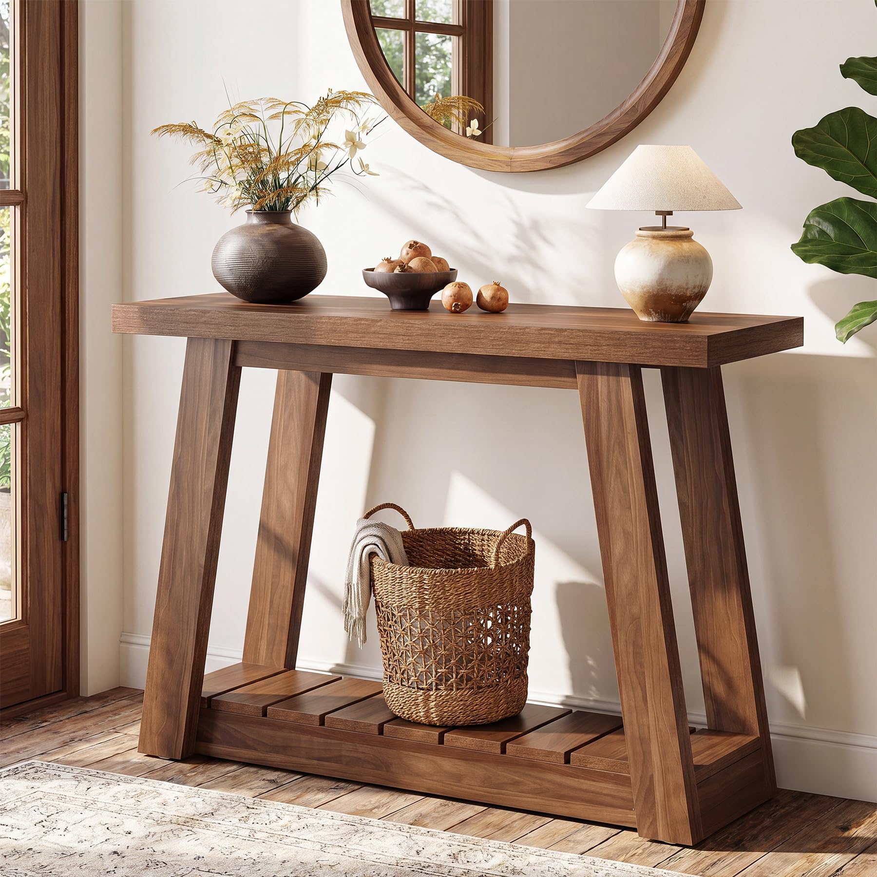 Tribesigns Mesa consola de 105 cm, estrecha mesa de pasillo con 2 estantes, mesa consola rústica de madera, mesa de entrada para pasillo, salón, entrada, mesa de sofá, color marrón