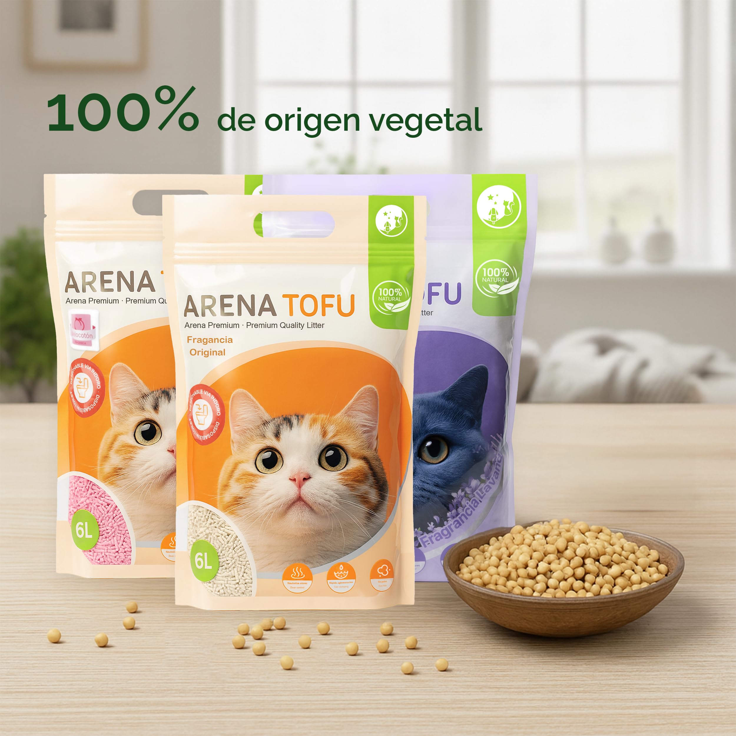 BESCH Pack 6 Arena de Tofu Aglomerante para Gatos 6L– 100% Natural, Biodegradable, Control de Olores y Bajo Polvo