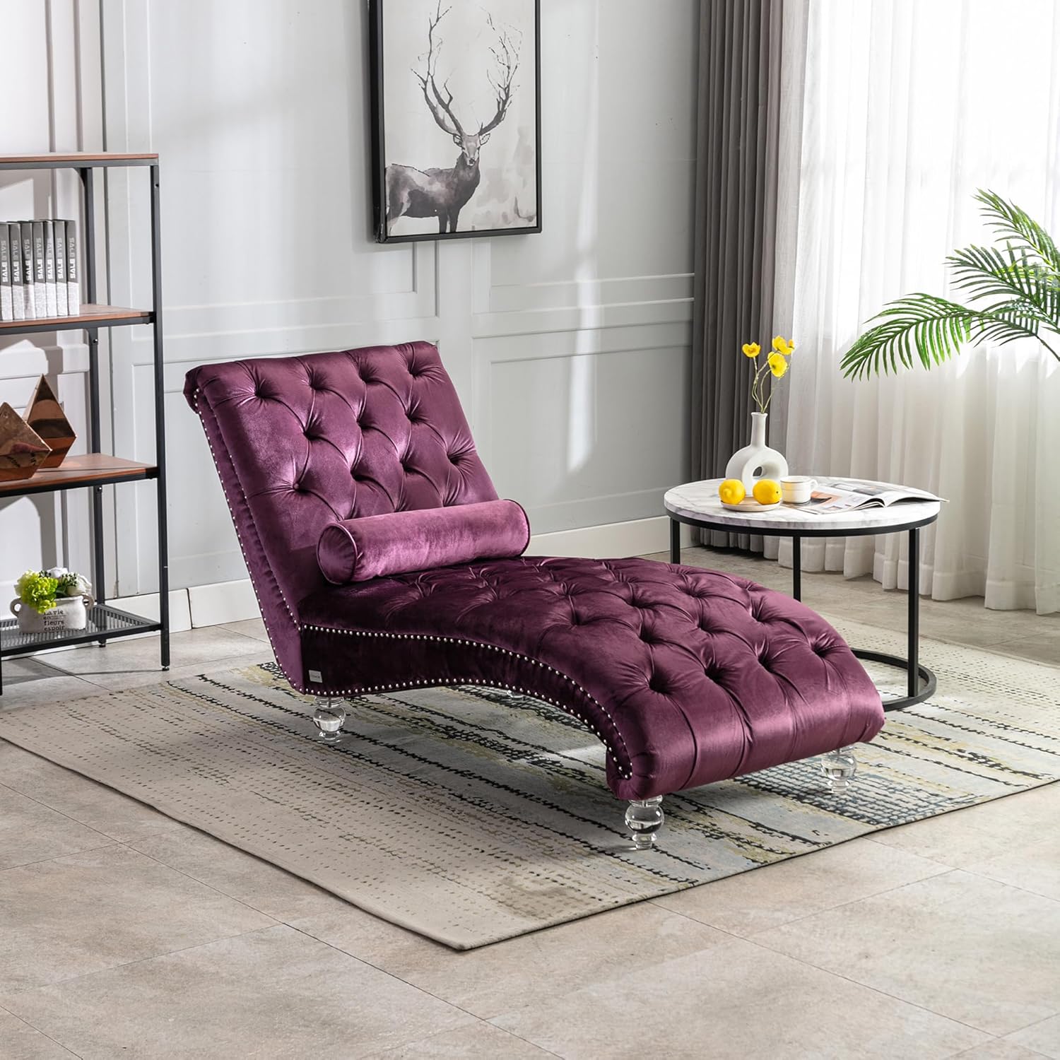 Chaise Lounge Chair Indoor Velvet Upholstered Modern Lounger Chair with Acrylic Legs & Lumbar Pillow Button Tufted Ergonomic Recliner Lounge Sofa Leisure Chair for Living Room Bedroom (Purple)