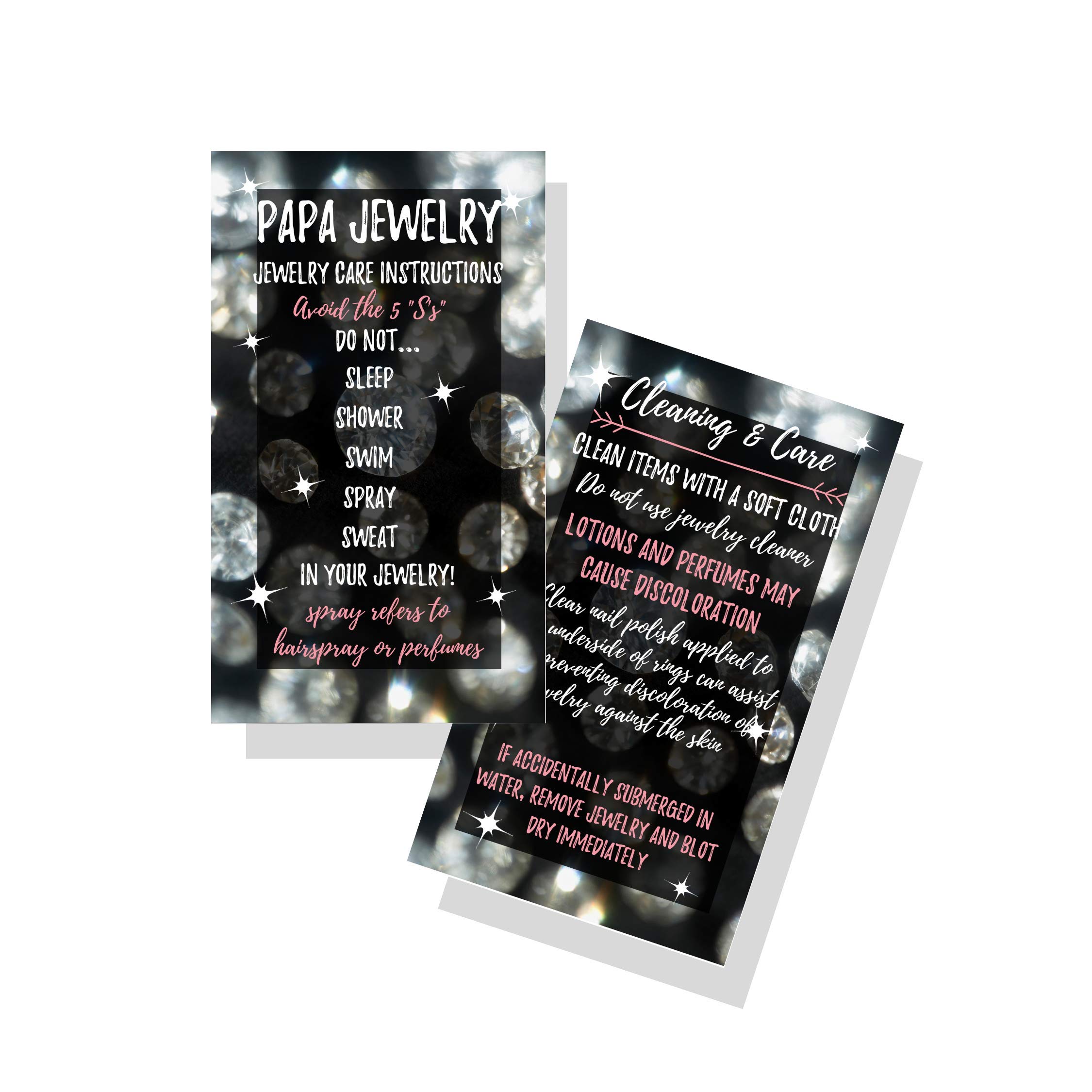 Jewelry Cleaning and Care Cards for Papa | Package of 50 | Bling Silver Diamond with Sparkle | Jewelry Bling Queen Care Instructions Ask Me About my