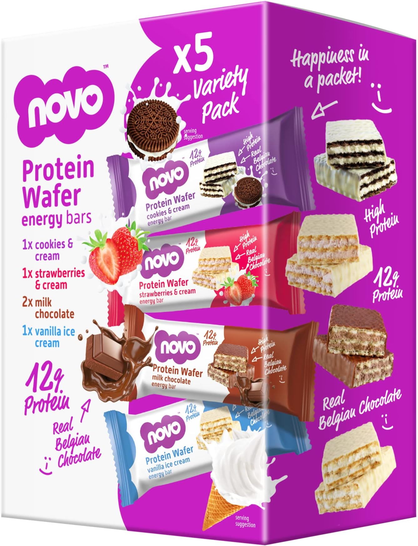 Novo Protein Wafer Energy Bars, 13g Protein, Real Belgian Chocolate - Multipack (4 Flavors), 40g (Pack of 5)