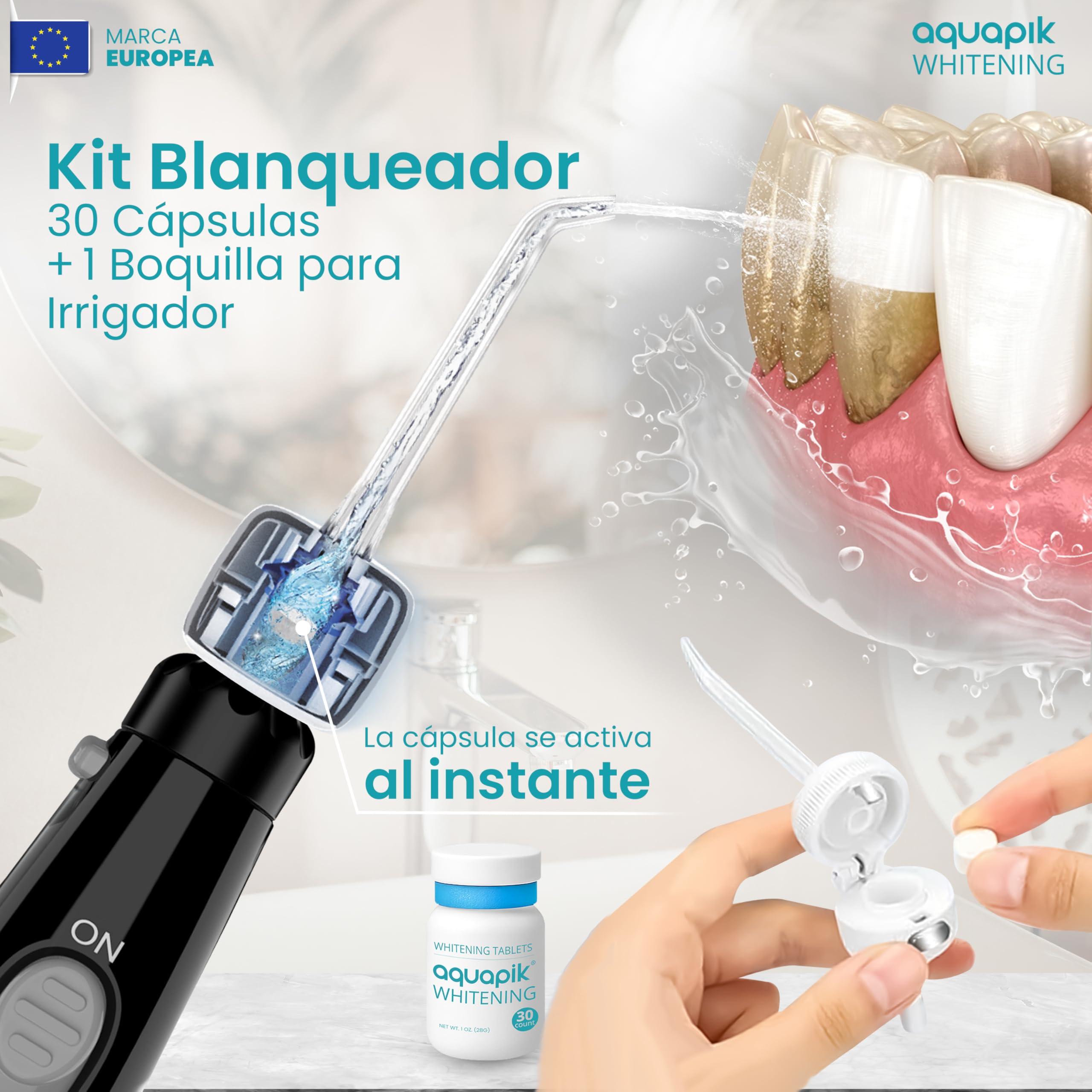 Aquapik® ADVANCED irygator do jamy ustnej, idealny do ortodoncji, implantów i wrażliwych dziąseł, zestaw wybielający + 8 ust, 10 poziomów ciśnienia, zalecany przez dentystów (czarny)