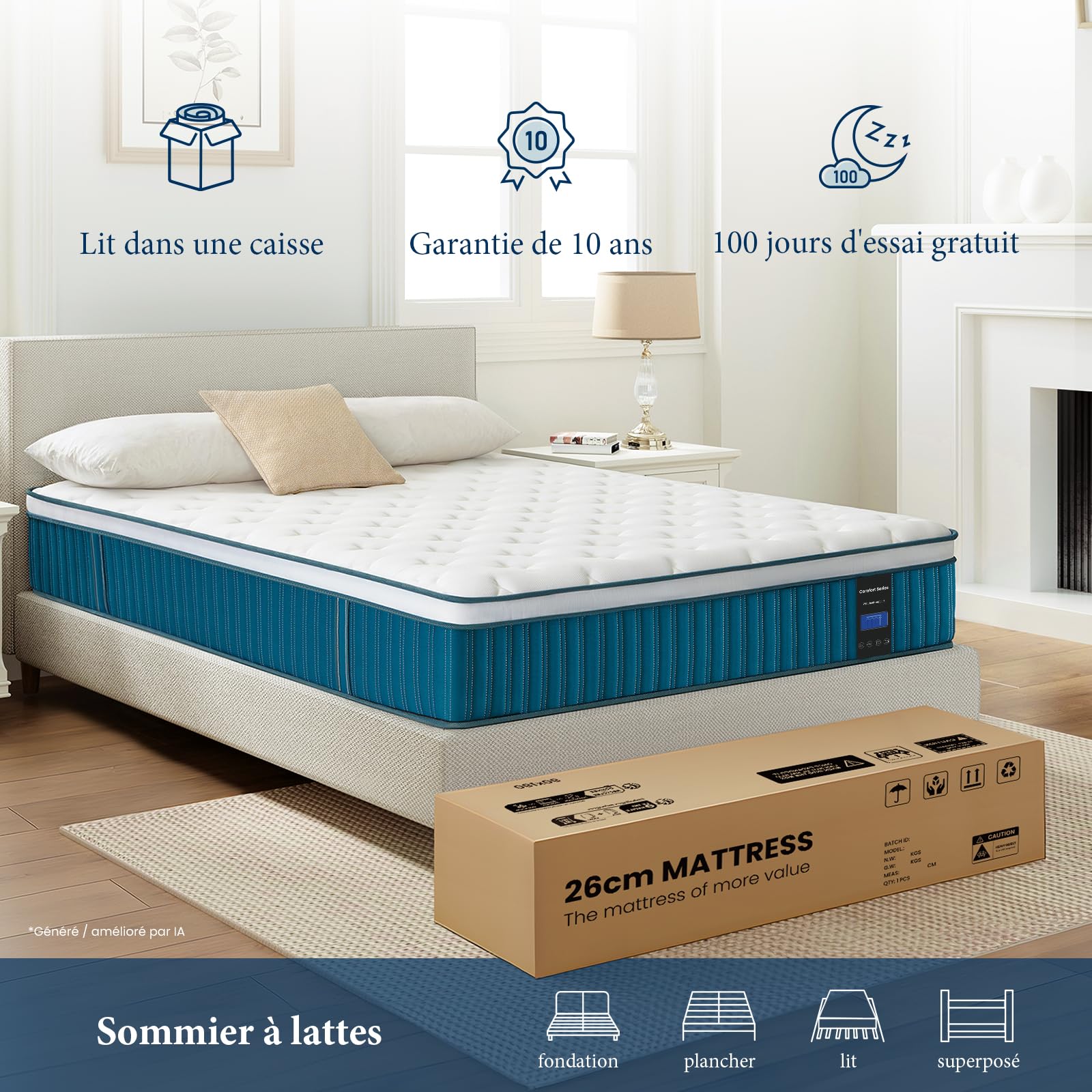 Coolvie Colchón de 120 x 190 cm en caja, 7 zonas de dureza H2 y H3, colchón ortopédico de muelles ensacados de 26 cm con espuma viscoelástica que alivia la espalda, certificado Öko-Tex, para niños y