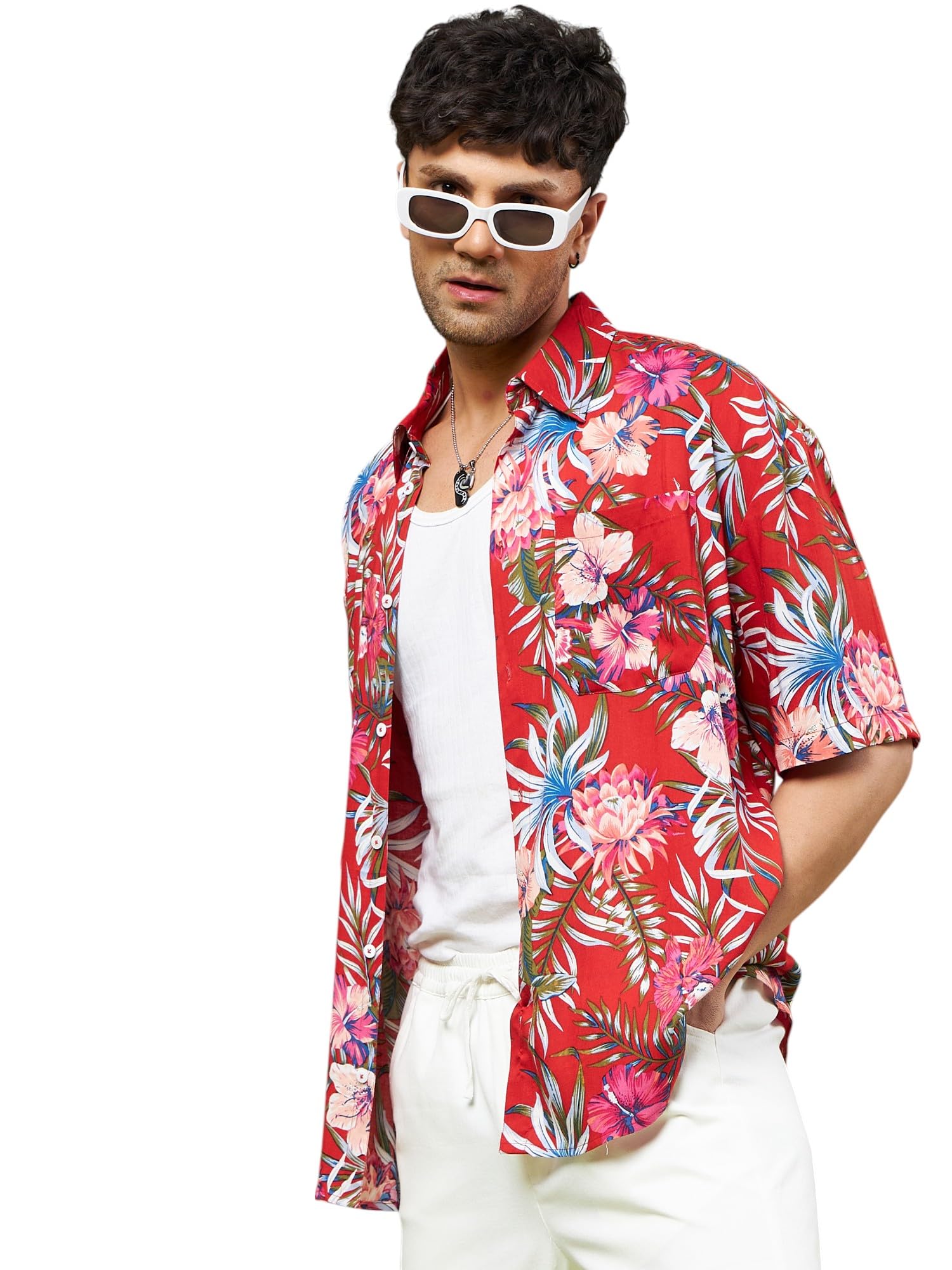 SASSAFRAS Red Tropical Floral Oversized Shirt in red