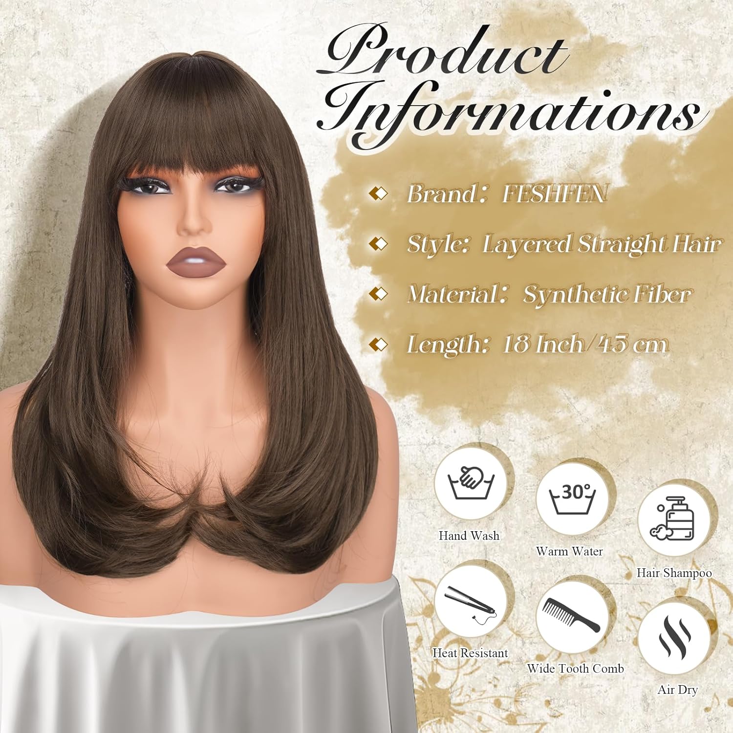 FESHFEN Long Wigs with Bangs, Synthetic Natural Looking Layered Straight Hair Wig for Women Daily Party Costume, 18 inch Light Brown