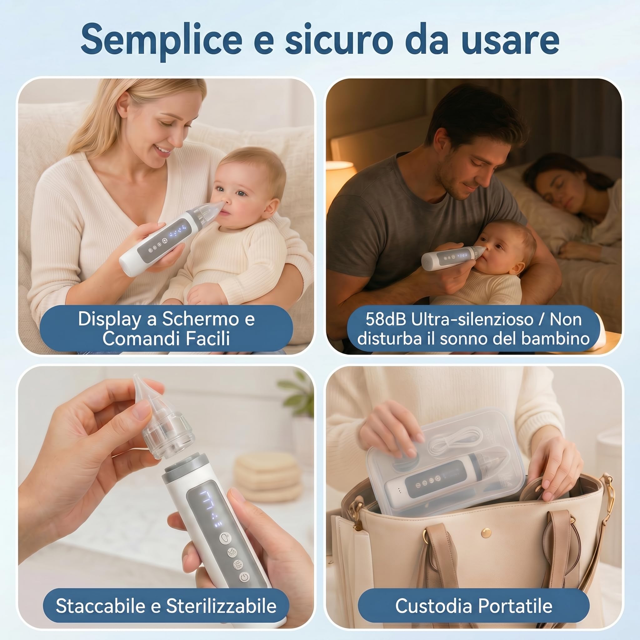 Aspiratore nasale elettrico per bambini – Aspiratore nasale bambino forte 65 kPa per muco bloccato, 58 dB Silenzioso per bambini che dormono, silicone alimentare