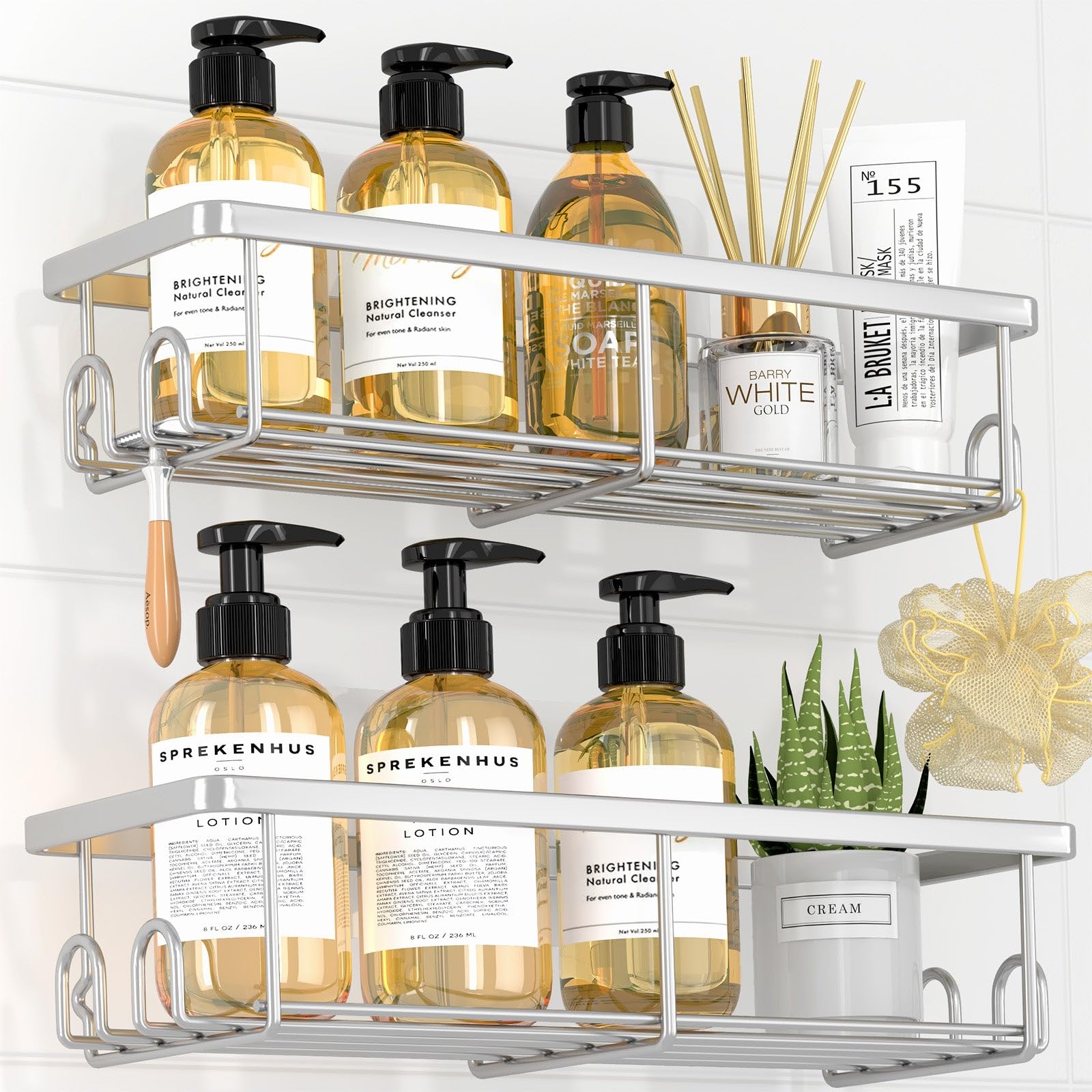 Sakugi Shower Caddy- 2 Pack, Adhesive shower organizer with Hooks, Rustproof Stainless Steel Shower Shelves for Bathroom, Inside Shower, Kitchen & Bedroom, bathroom organizers No Drilling, Silver