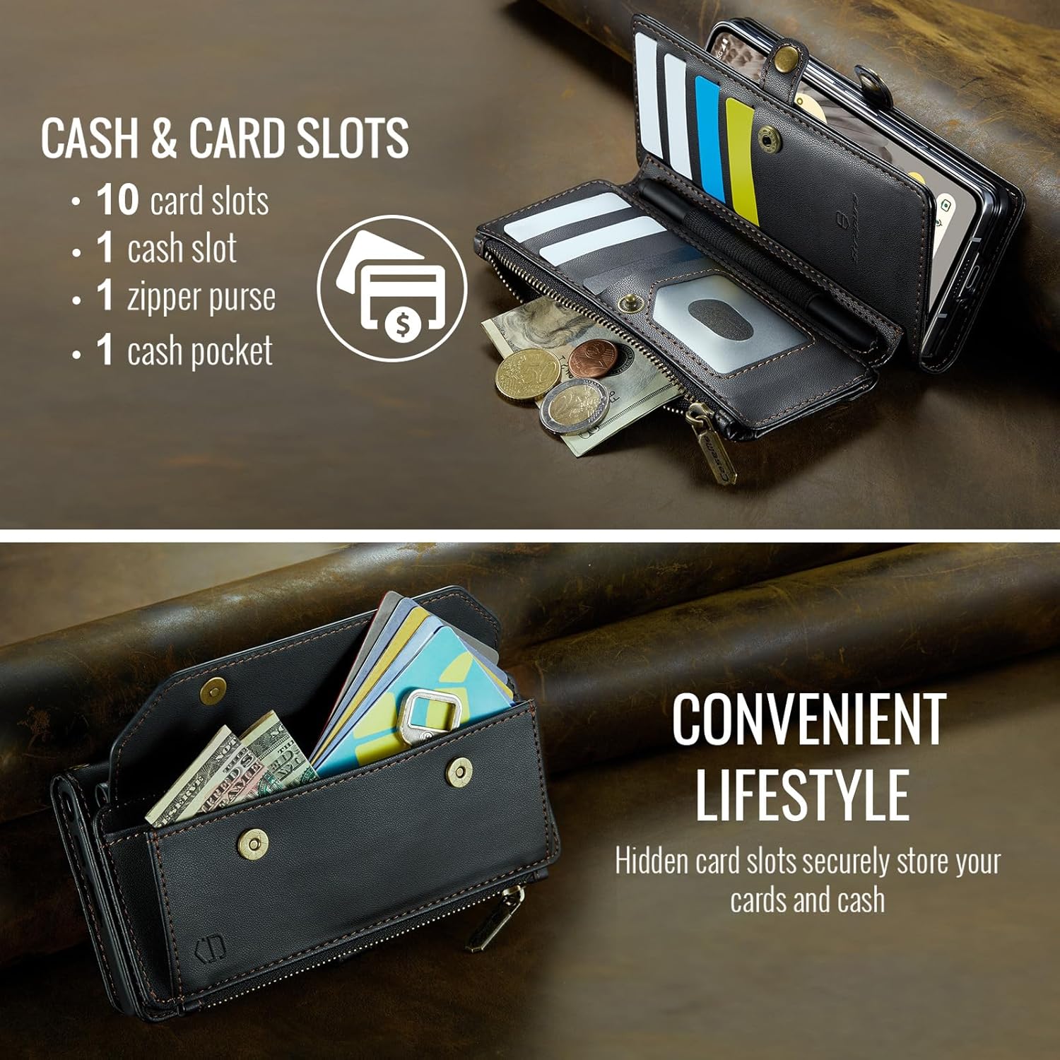 Crossbody Wallet Case Compatible with Google Pixel 9 Pro Fold RFID Blocking 10-Card Holder Soft PU Leather Magnetic Snap Shoulder Strap Zipper Phone Case Fit for Pixel 9 Pro Fold - Black