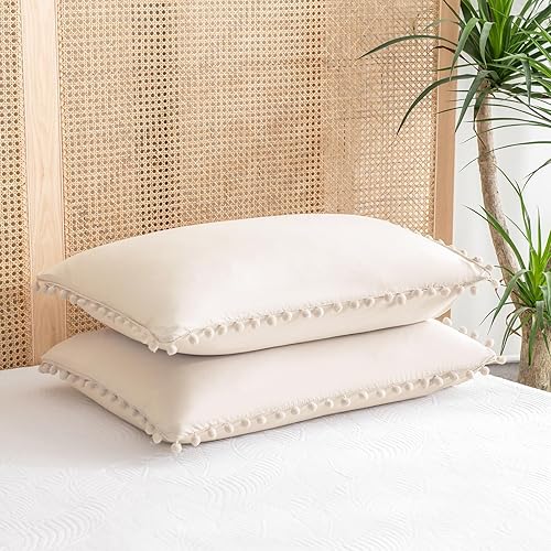 Miniatura 7 de Fundas de almohada de color beige, fundas de almohada bohemias, fundas de almohada con flecos de pompones, fundas de almohada de microfibra lavada