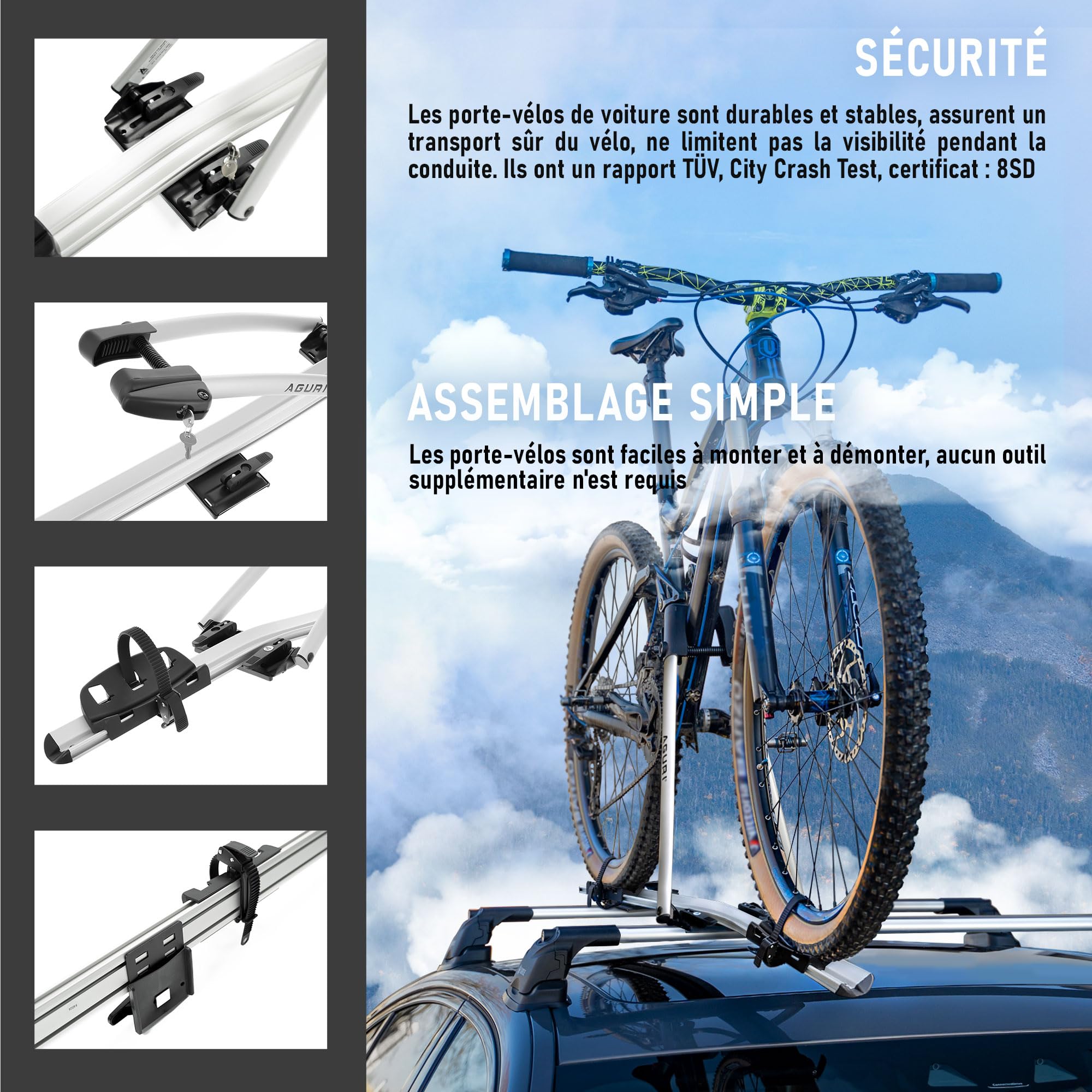 AGURI ACUDA III | Porte-vélos, Porte-vélos de Toit, Support-vélos Universel pour Le Toit de la Voiture, verrouillable | Capacité de Charge jusqu'à 20 kg | Structure en Aluminium résistante | TÜV