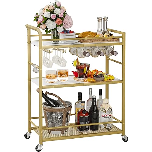 3 Tier Gold Bar Cart for Home, Bar Serving Cart with Wheels, Small Rolling Beverage Cart with Glass Holders, Liquor Cart with Wine Rack for Kitchen Dining Living Room Gold GBC507G