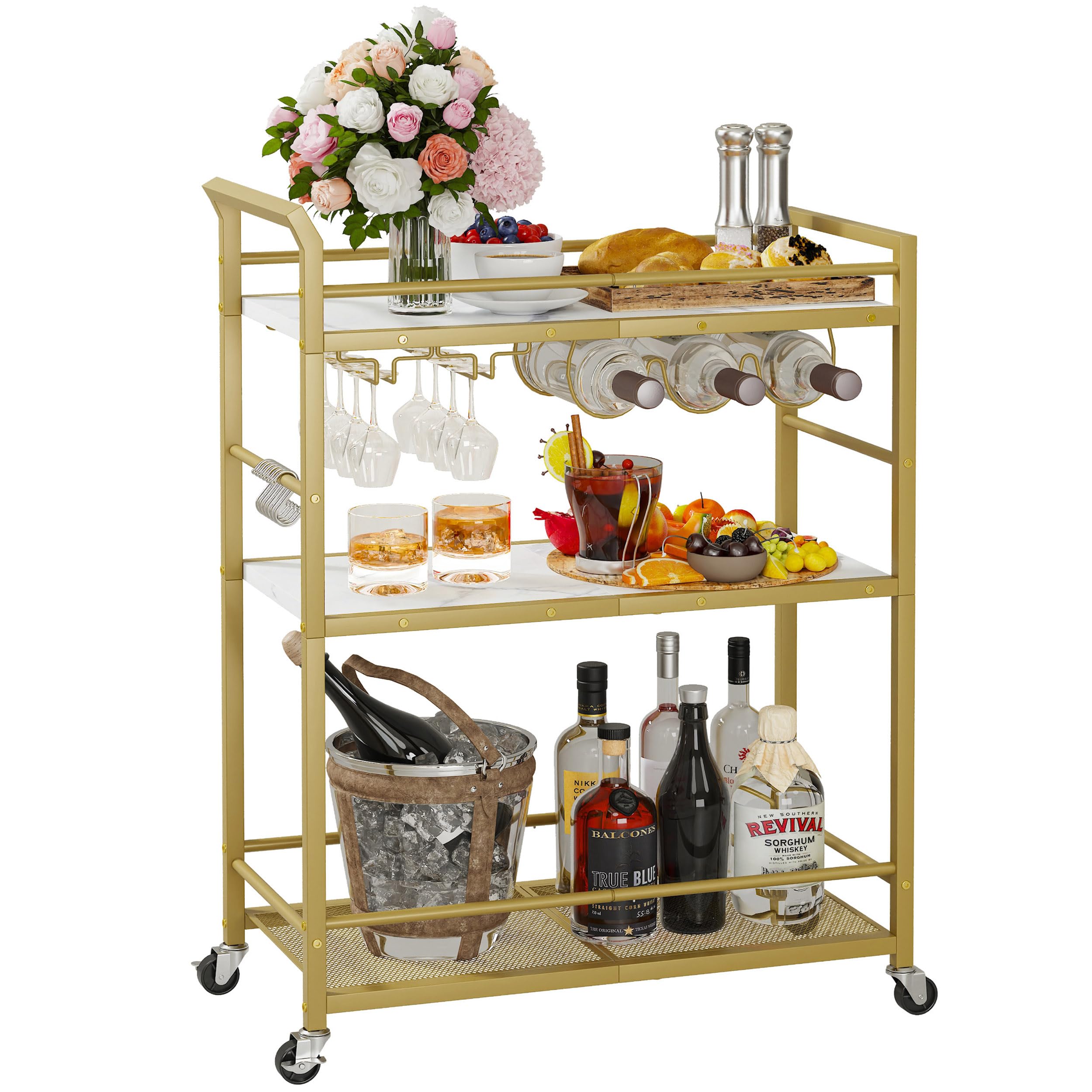 3 Tier Bar Cart, Small Beverage Cart, Mini Bar Cart with Wine Rack, Compact Mini Bar Cart - Please Refer to the Exact Dimensions for Usage Matching Dimensions: 22" W × 13" D × 35.8" H GBC507G