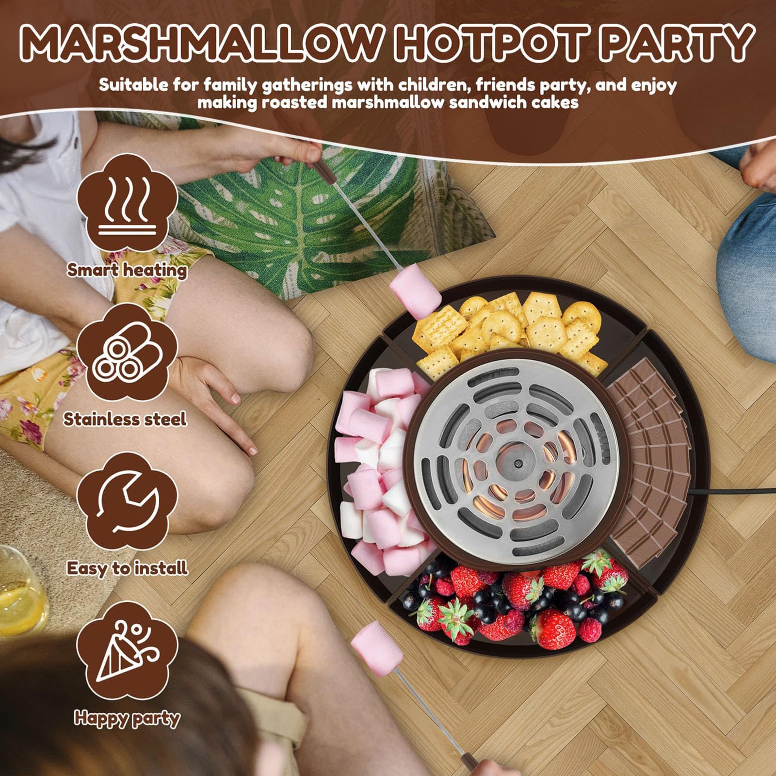 Zestaw Do Przygotowywania Smores I Czekoladowego Fondue 2 W 1, Bezpłomieniowy Podgrzewacz Stołowy Z Regulacją Temperatury, 4 Widelce Do Pieczenia I 4 Zdejmowane Tace