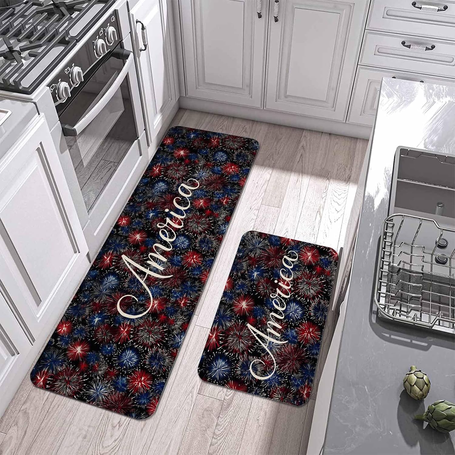 Prime Leader Independence Day Kitchen Mat Set 2 Pieces America Letter Print Fantasy Colorful Firework Non Slip Kitchen Rugs Washable Runner Rug Mats for Sink Laundry (19.7" x 31.5"+19.7" x 47.2")