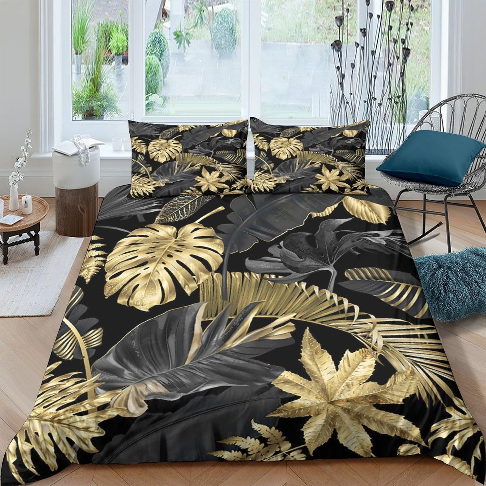 GPLZQXKJNH 3D Printed Tropical Gold Leaf Duvet Cover Set Microfiber Black Botanical Bedding with 2 Pillowcases for Bedroom Decor Single（135x200cm）