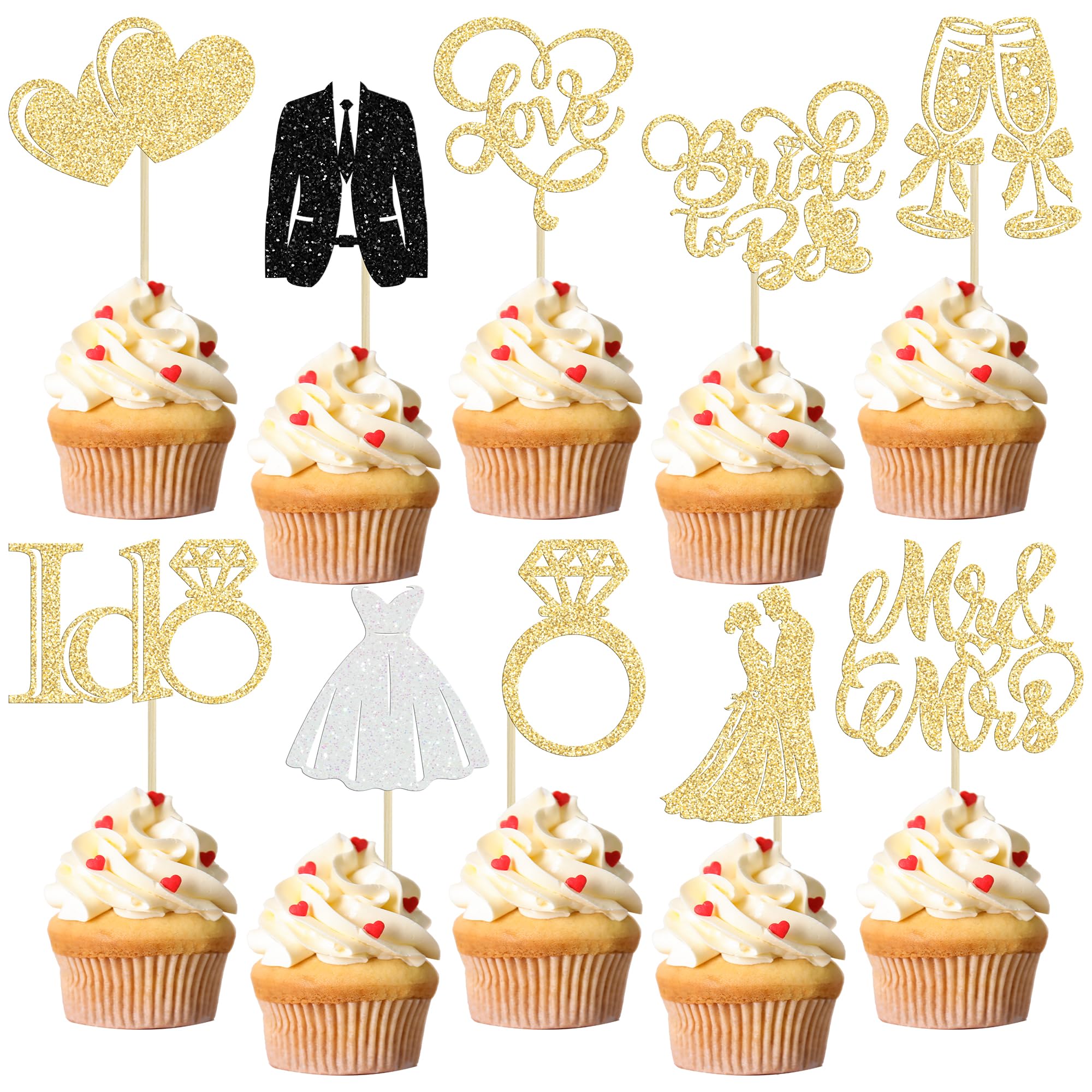 Gyufise 30Pcs Bride to Be Cupcake Toppers Glitter Diamond Ring I Do Love Cupcake Picks Miss to Mrs Bridal Shower Wedding Engagement Bachelorette Cake Decoration Gold