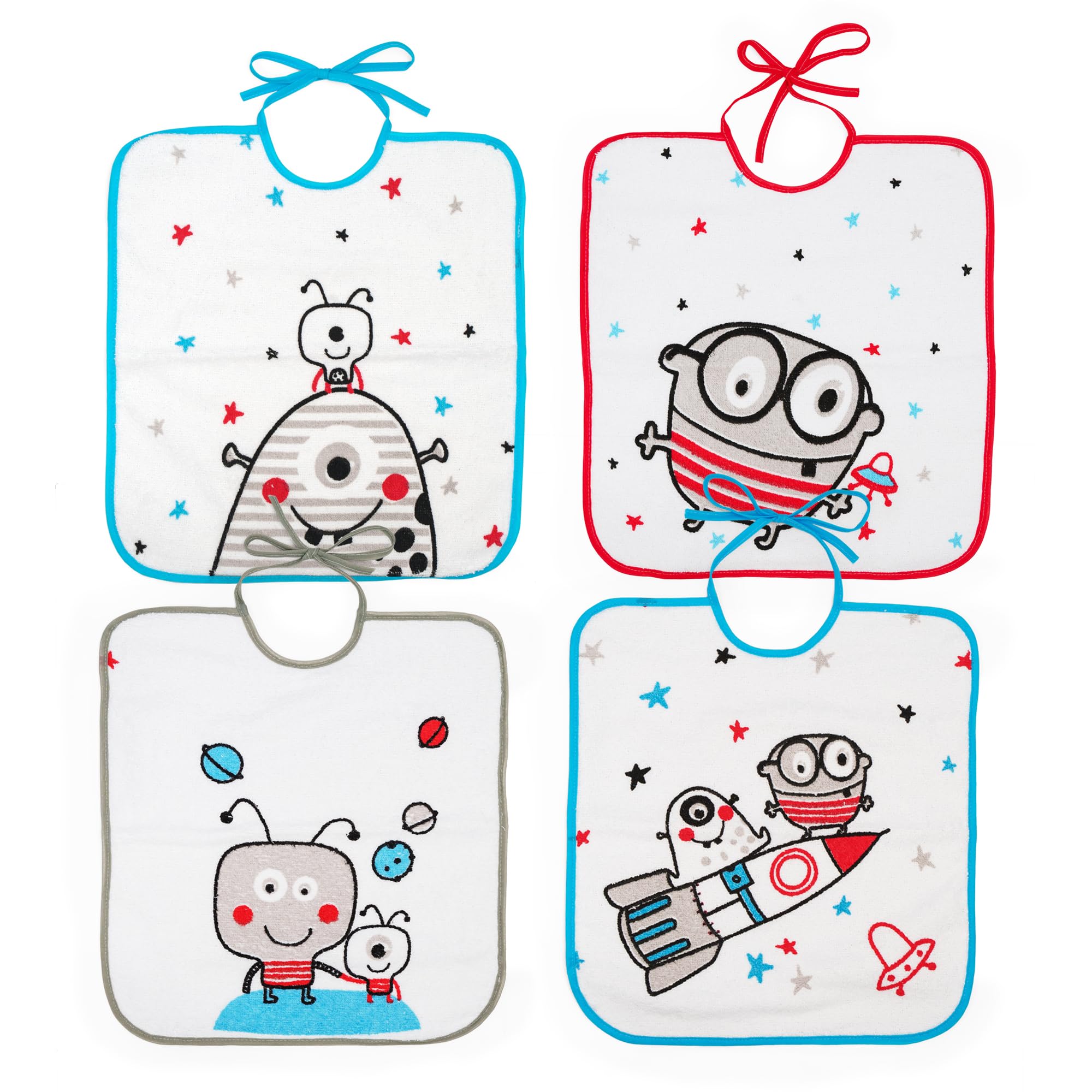 Ti TIN Pack 4 Baberos Bebé Impermeables 36x33 cm, +12 Meses | Rizo de Algodón Suave, Absorvente, Forro de Vinilo, Cierre con Cintas, Lavadora y Secadora, Ideal Guardería