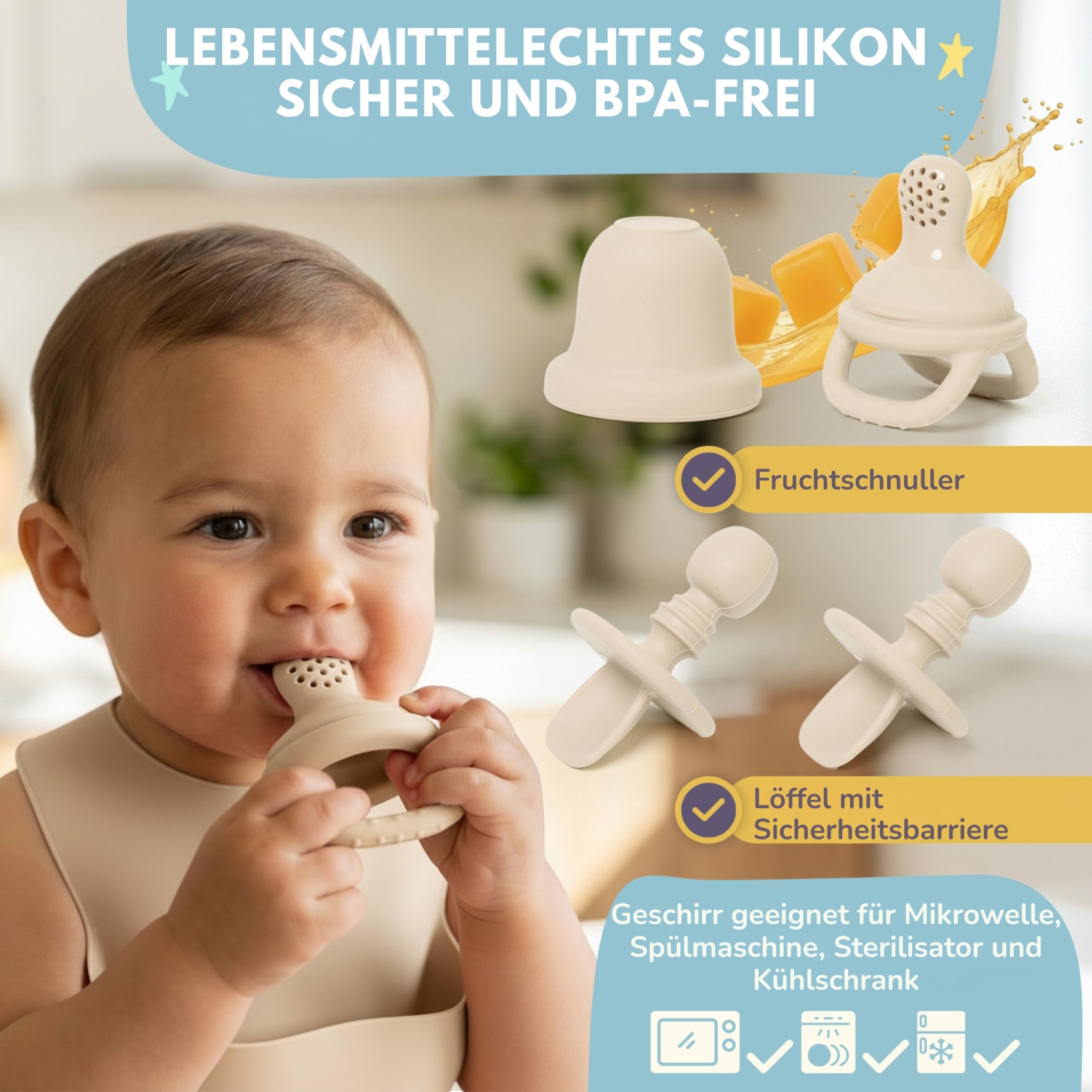 Baby Geschirrset aus Silikon 12-teilig | mit Teller mit Saugnapf, Schüssel, Becher, Besteck, wasserdichten Lätzchen und Fruchtsauger | BPA-frei | mikrowellen- und spülmaschinengeeignet