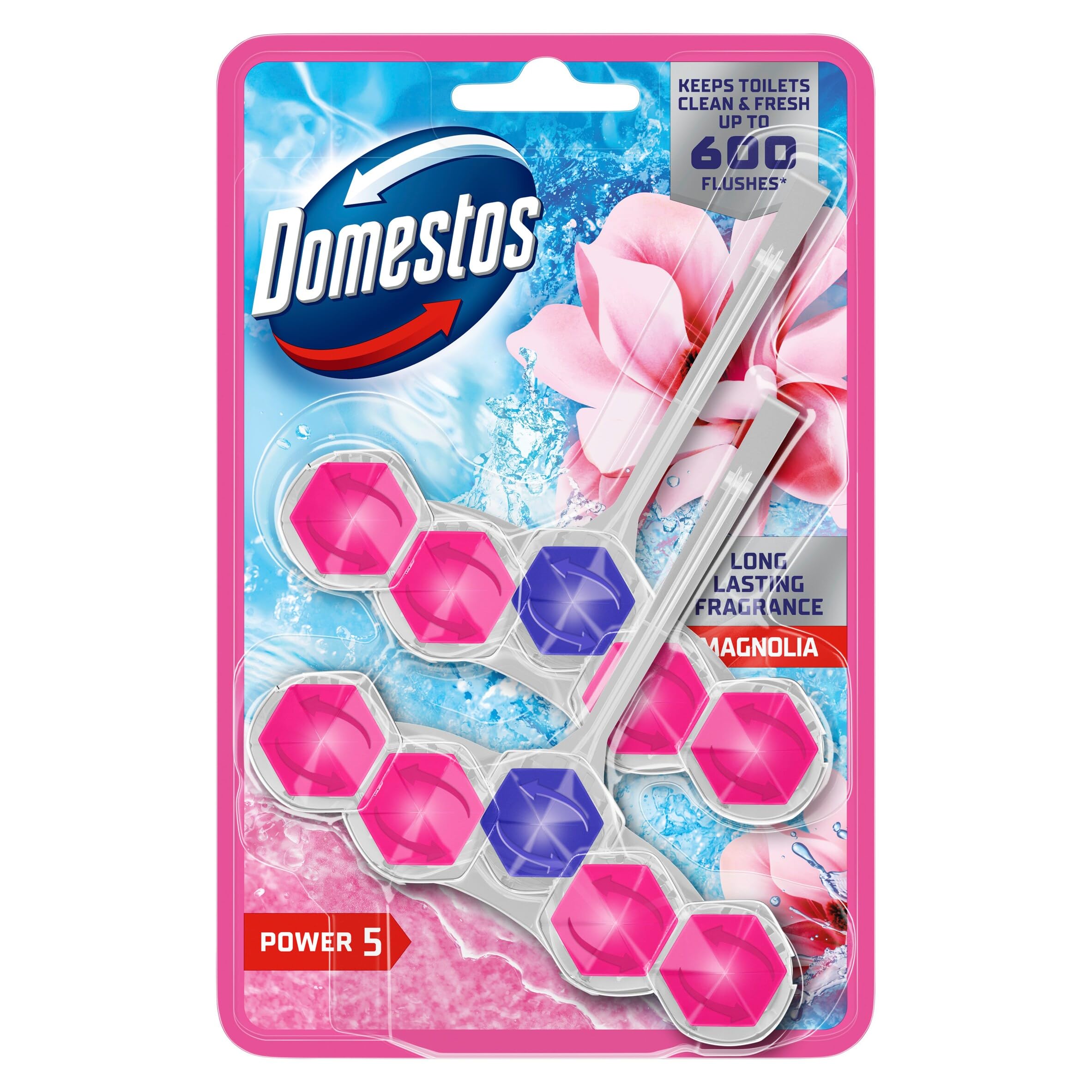 Domestos Power 5 Magnolia Toilet Rim Blocks toilet freshener with a long-lasting fragrance clean and freshen for up to 300 flushes 2x 50 g